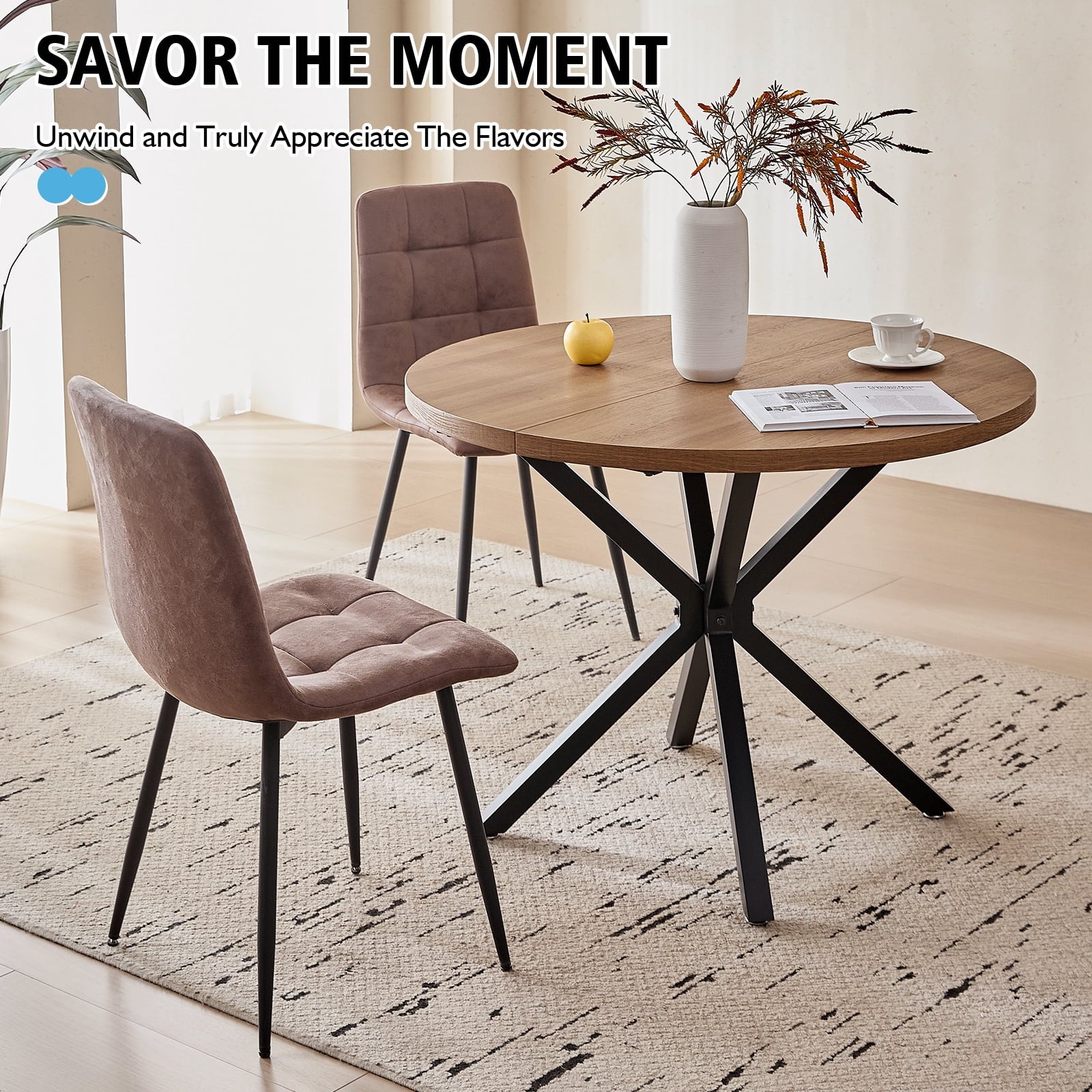 5 Piece 39 Round Dining Table Set for 4, Mid Century Kitchen Table with 4 Khaki Fabric Upholstered Dining Chairs for Apartment Living Room, Space Saving Table.