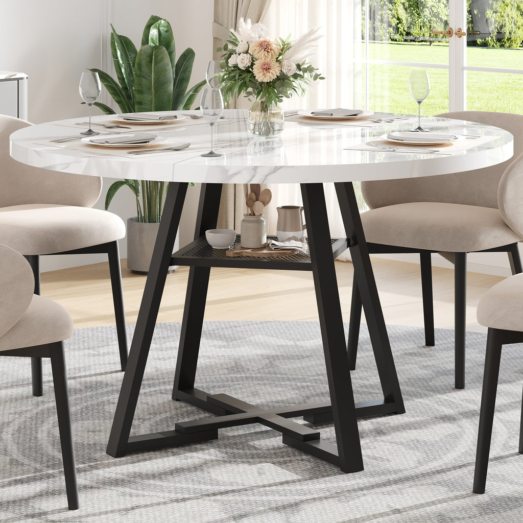 PAPROOS Round Dining Table, 43'' Faux Marble Dining Table with Storage Shelf, Circle Dining Table for Dining Room, Modern Kitchen Table for 4 People, White(Only Table)