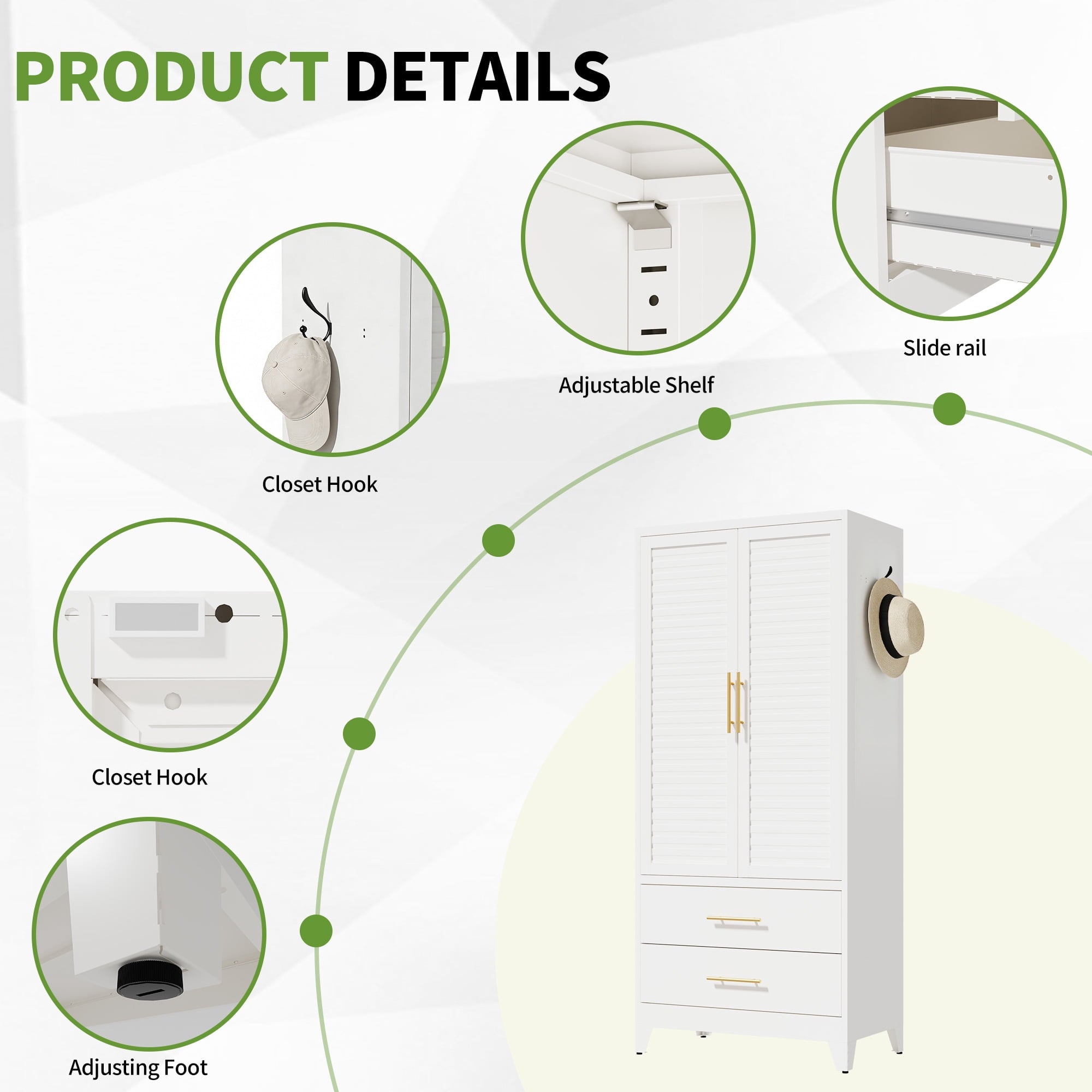AISWORD 60 Tall Metal Wardrobe Cabinet with 1 Drawer and Hanging Rod, 2 Doors Closet with Adjustable Shelf, White