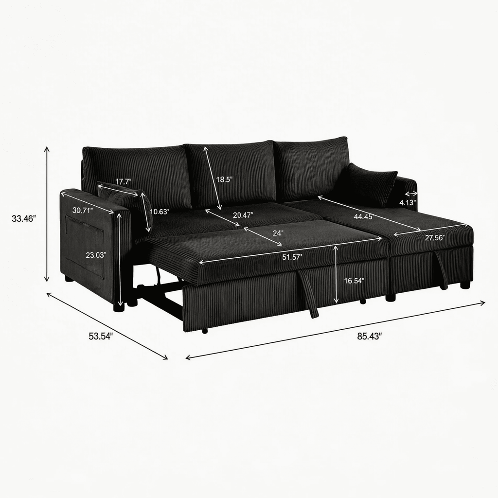 BSHTI L-Shaped Pull-Out Sleeper Sofa Bed with Storage Chaise, 3-Seater Convertible Corduroy Sectional Couch, Solid Wood & Iron Frame, Black