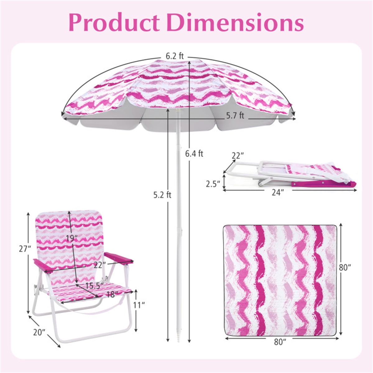 Portable Beach Set 4-Piece Pink – Sun-Proof Umbrella 2 Comfortable Folding Chairs & Large Waterproof Picnic Blanket