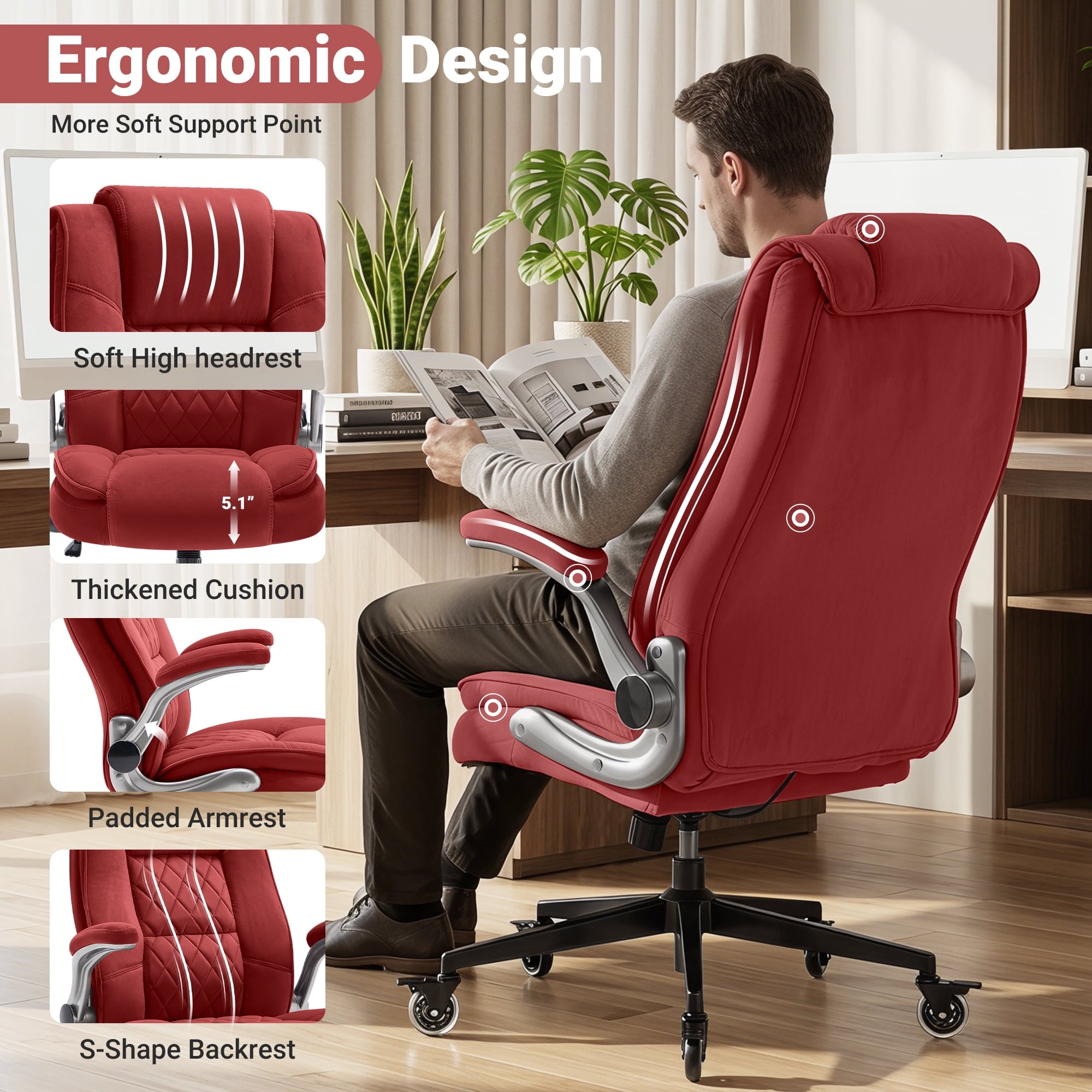 Ergonomic Home Office Chair with Locking Wheels, High-back Desk Chair with Thick Padded Flip-up Armrest, Comfy Executive Chair with Adjustable Lumbar Support for Home & Office & Work