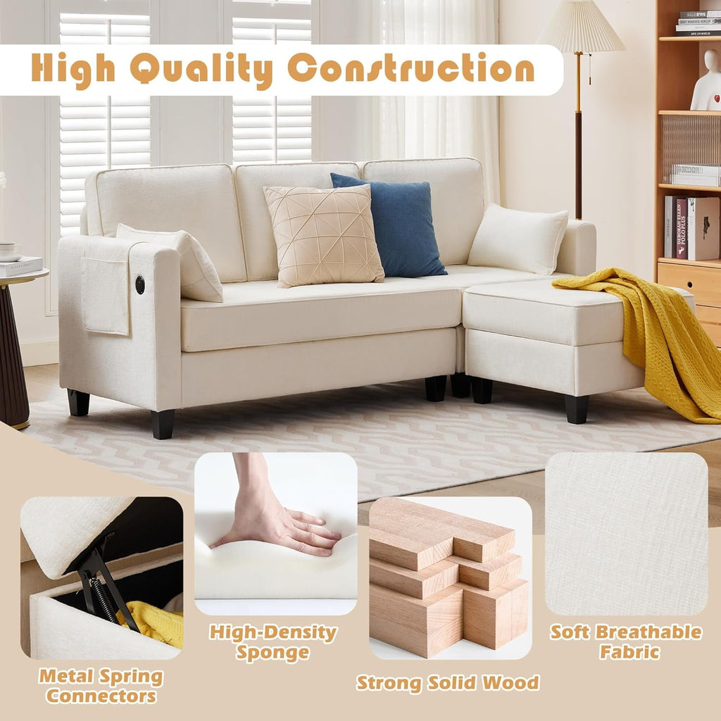 Haverchair L-Shape Chenille Sectional Sofa with Storage Ottoman,Modern Convertible Couch with Removable Cover,USB and Type-C,Side Pockets,Armrest Pillows for Living Room,Apartment,Office,White