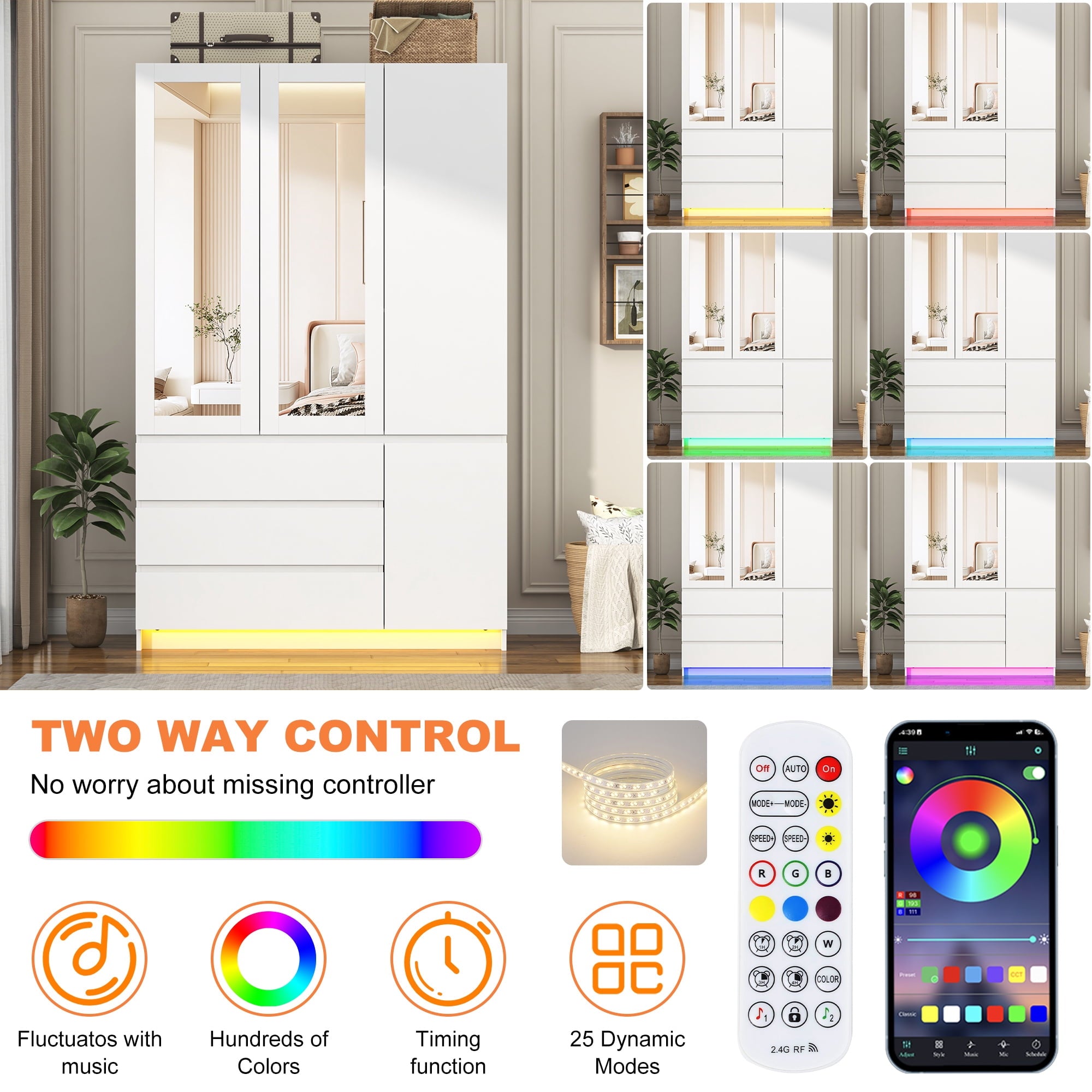 75 Tall 3 Doors Armoire Wardrobe Closet with  3 Drawers and Mirror, Large Wardrobe Closet for Bedroom with LED Lights, Wooden Armoire Storage Cabinet with Hanging Rod, Adjustable shelves (White)
