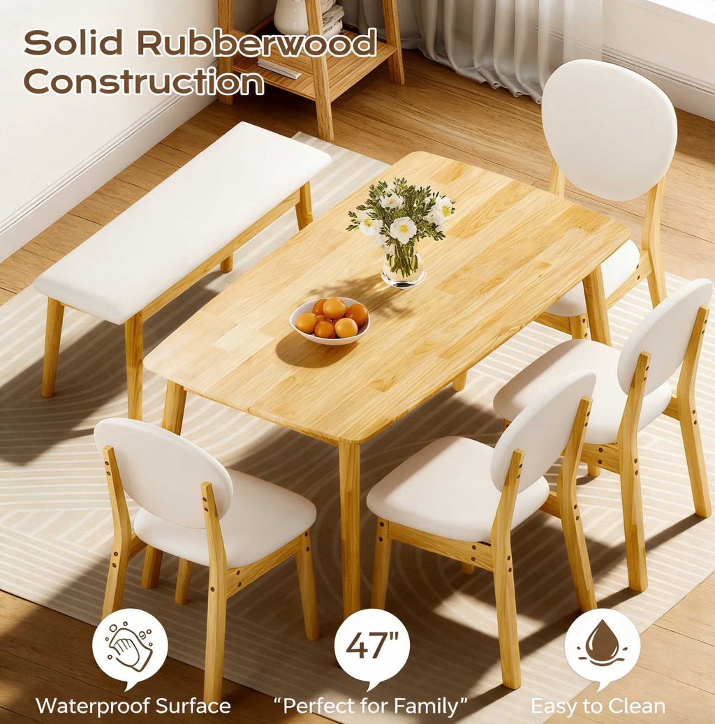 Ktaxon Solid Wood Dining Table Set for 6, Mid-Century Dining Room Table with 4 Padded Chairs & Bench, 47.3 Dining Room Set for 4~6 Family Use, Natural Wood