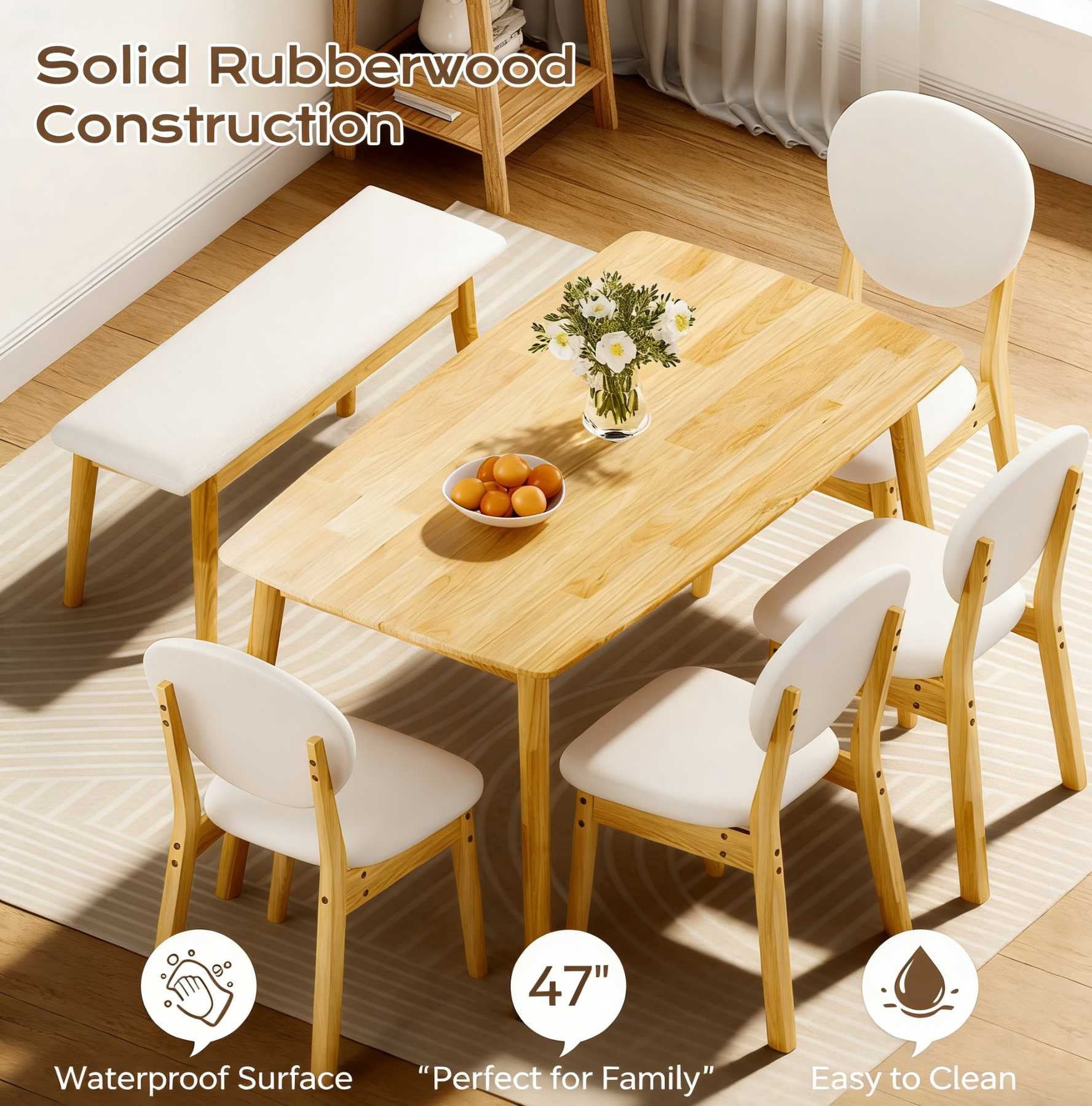 Ktaxon Solid Wood Dining Table Set for 6, Mid-Century Dining Room Table with 4 Padded Chairs & Bench, 47.3 Dining Room Set for 4~6 Family Use, Natural Wood