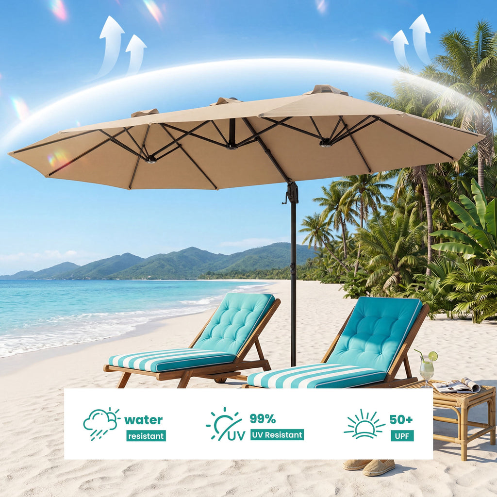 MOALCOFER 15 x 9 FT Double Sided Patio Umbrella with Base Included, Outdoor Rectangular Market Umbrella with Crank Lift, 12 Reinforced Ribs， Khaki