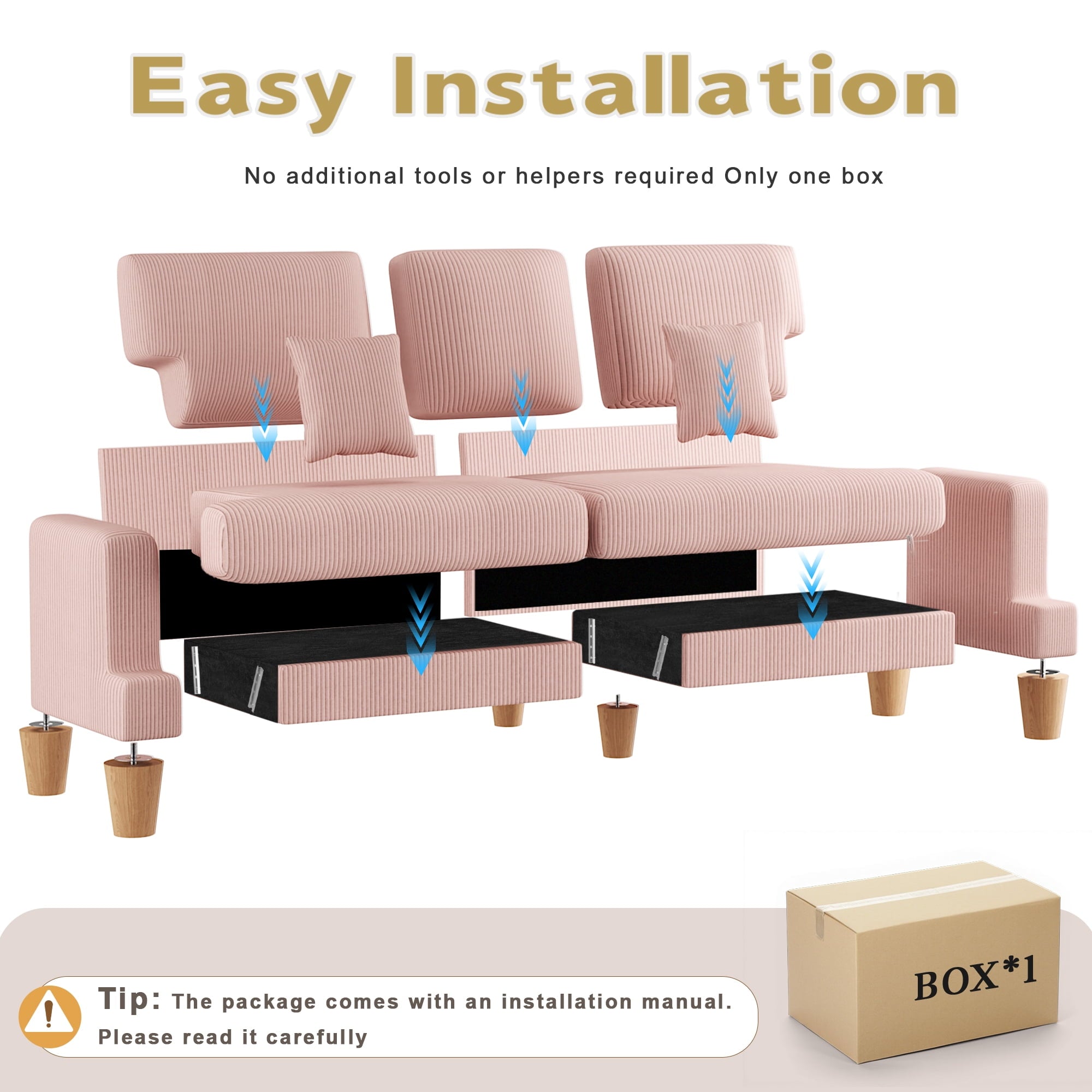 AAQZ 87 Corduroy Sofa Couch for Living Room, 3 Seater Deep Seat Comfy Couch in a Box, 2 Cushions, 2 Pillows Tool-Free Setup,Gray
