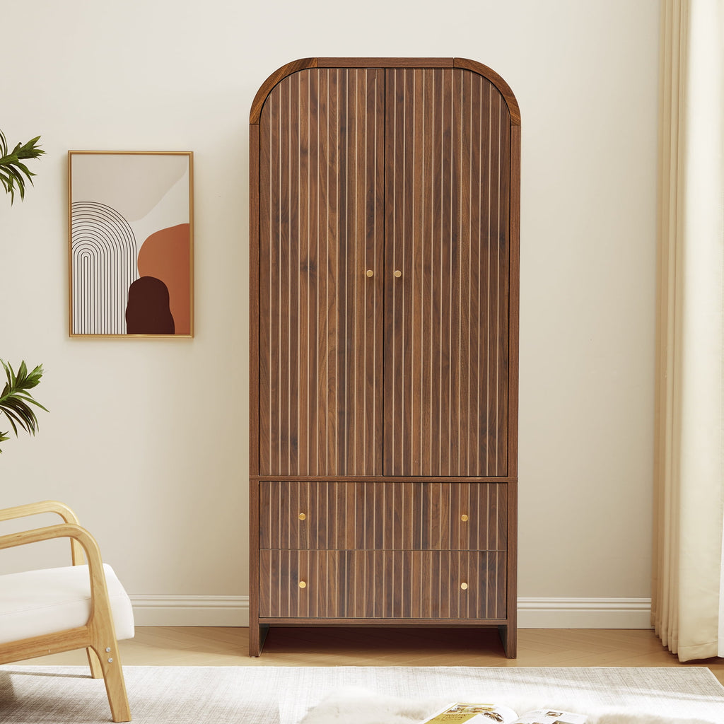 Wirrytor Freestanding Wooden Armoire Wardrobe with 2 Woven Doors and Storage Drawers, Space-Saving Closet Cabinet for Bedroom, Sturdy Mdf Board Closet with Hanging Rail