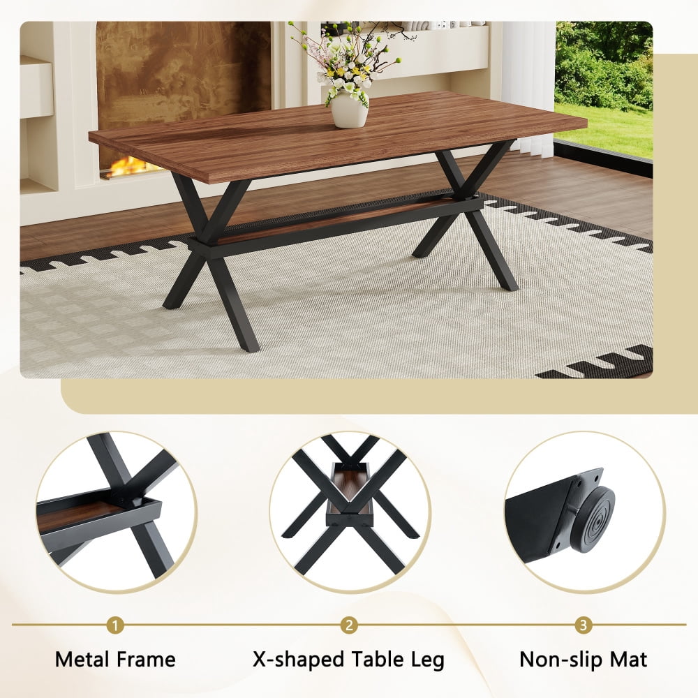 Modern 71 Wood Dining Table, Light Wood Grain MDF Top with X-Shaped Metal Legs, Seats 6-8 People, for Kitchen & Dining Room