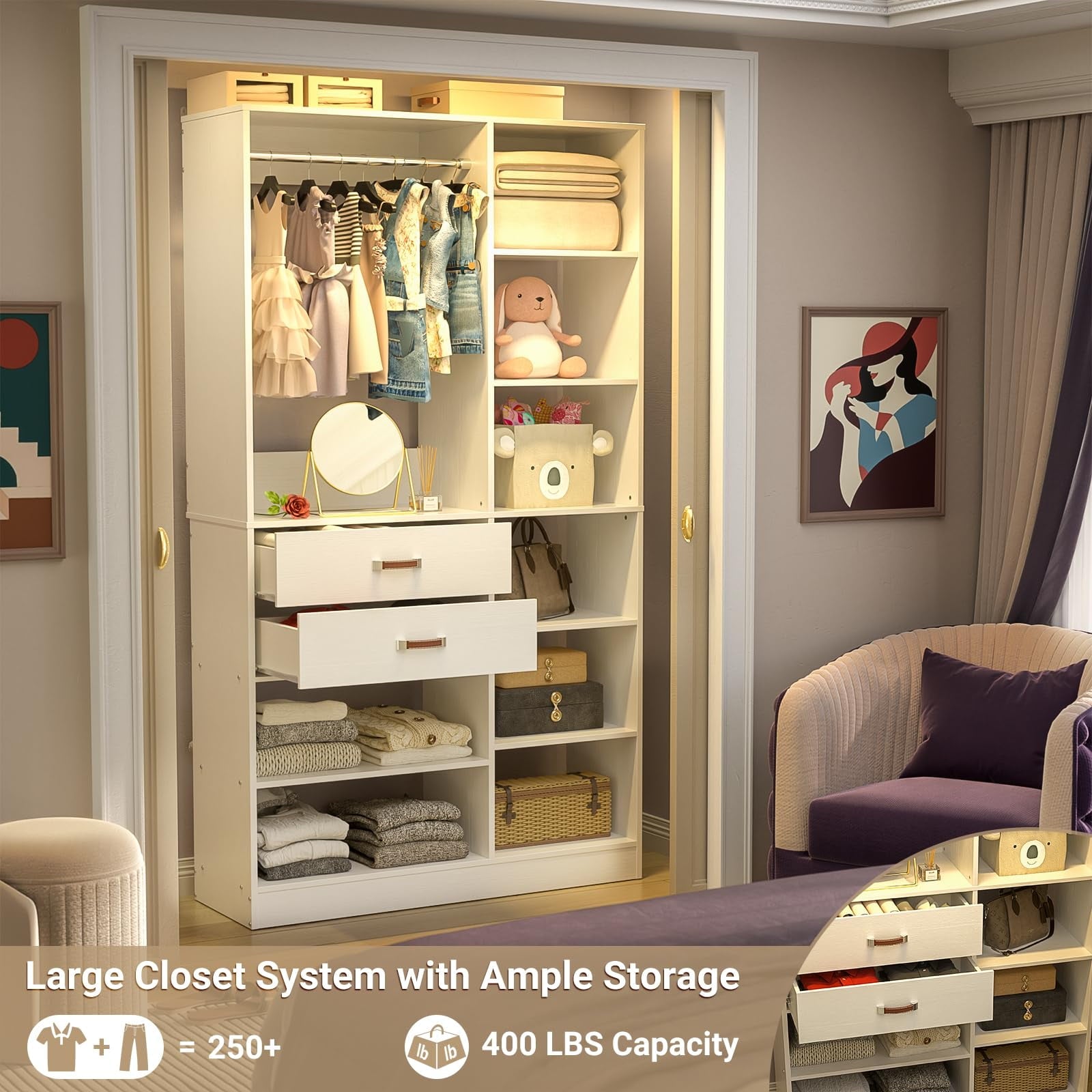 Homieasy 39.4'' W Closet System with Wooden Drawers and Hanging Rods, White