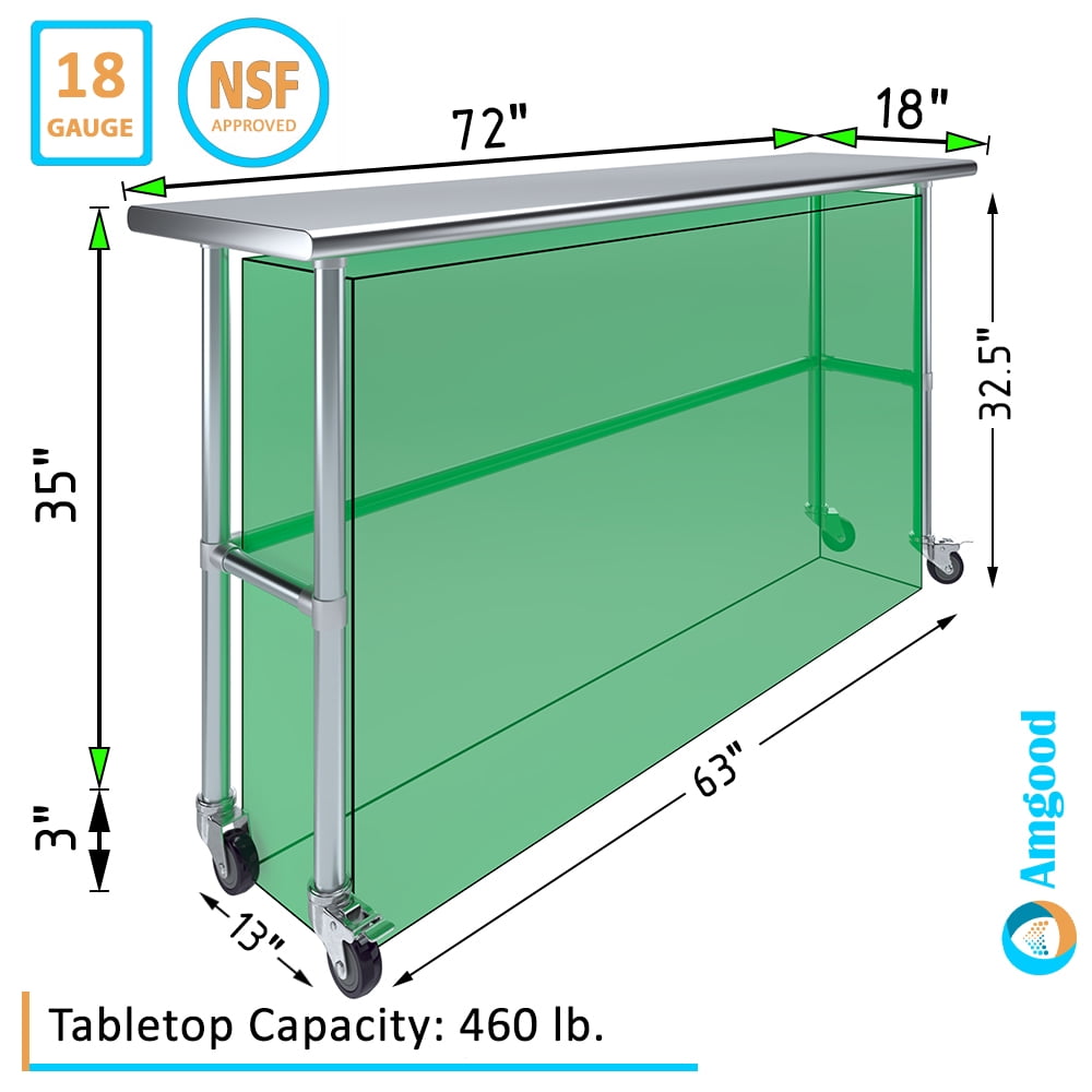 AmGood 36 Long x 30 Deep Stainless-Steel Work Table with Open Base and Wheels, Mobile Metal Table