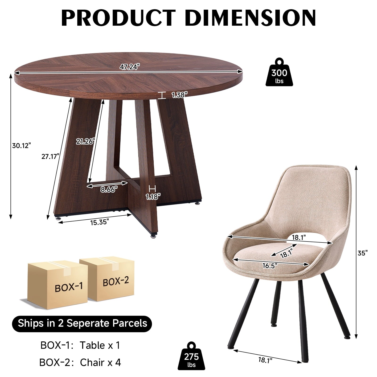 5 Piece 47'' Round Dining Table Chairs Set for 4, Farmhouse Oak Kitchen Table with 4 Boucle Mid Century Modern Dinning Room Chairs, Wood Dinner Table &Upholstered Chair Set of 4, Beige