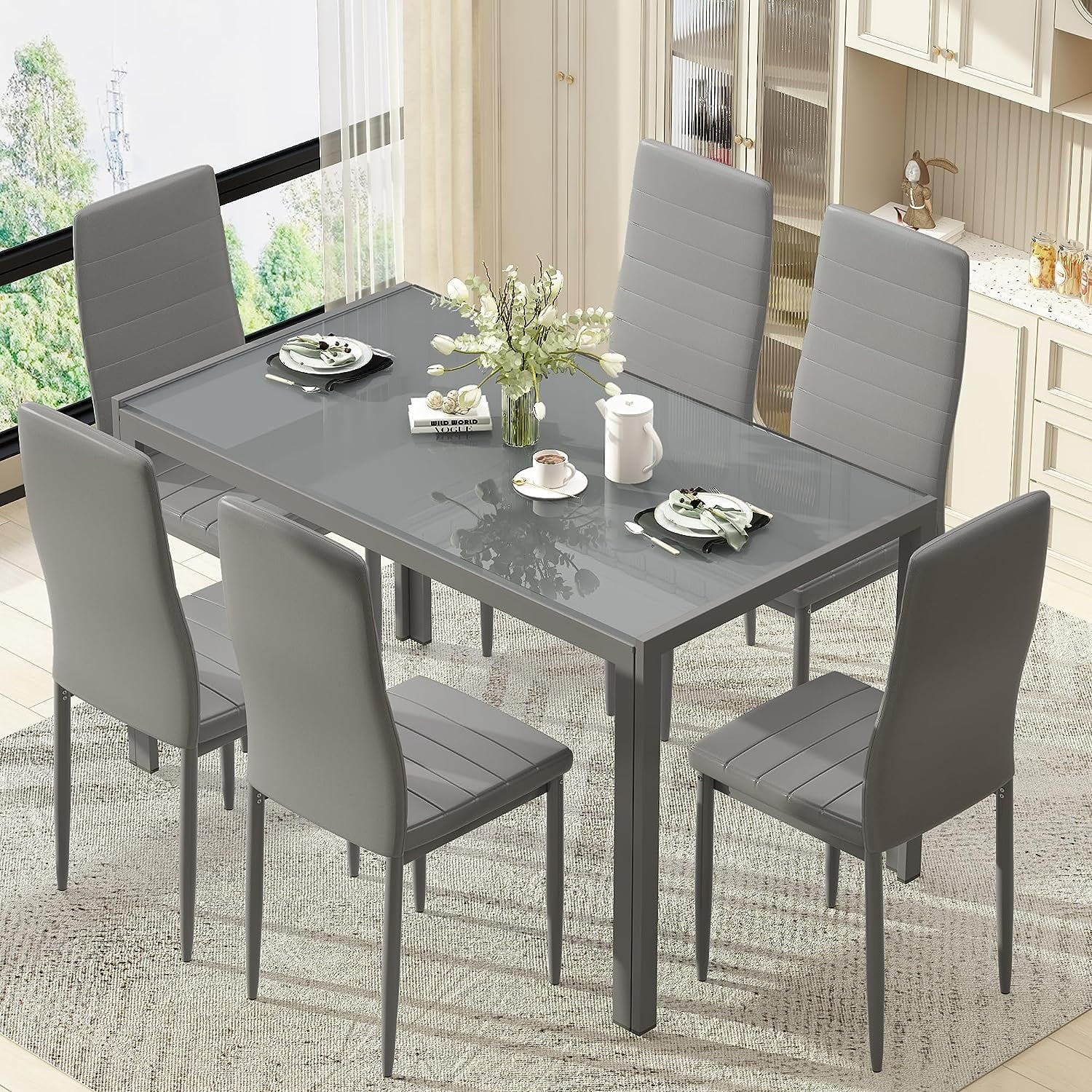 LinkRomat 7-Piece Glass Dining Table Set for 6, Modern Kitchen Table with PU Leather Chairs, Black Dining Room Table and Chairs Set for Small Space, Apartment