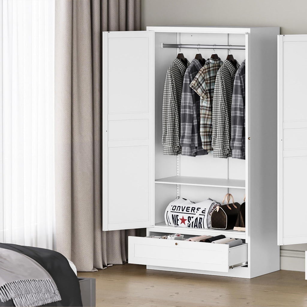 STANI Metal Wardrobe Closet with Hanging Rod, 72 White Armoire Wardrobe Cabinet with Adjustable Shelves, Clothes Storage Organizer Cabinets for Bedroom, Bathroom, Office