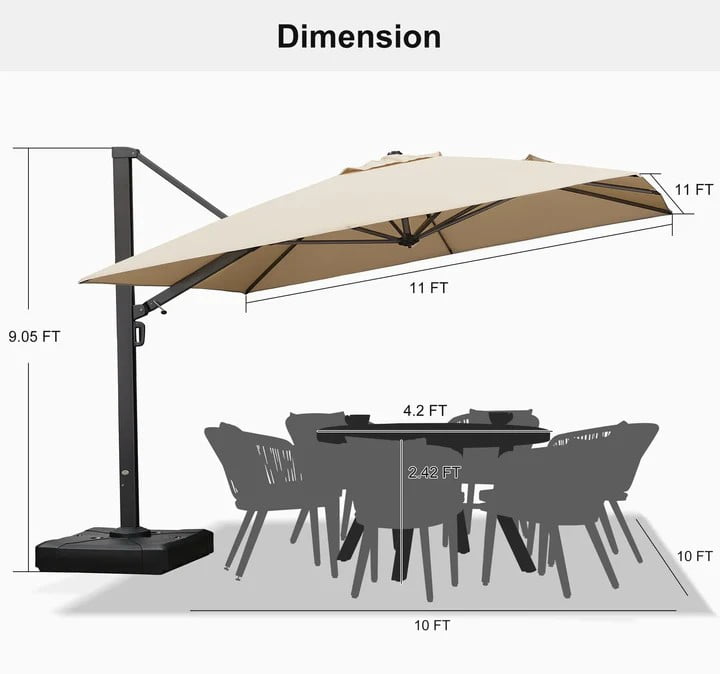 PURPLE LEAF 12 FT Outdoor Cantilever Umbrellas Square Aluminum Windproof Offset Umbrella with 360°Rotation Tilt Adjutable Garden Pool Large Patio Umbrella,Gray