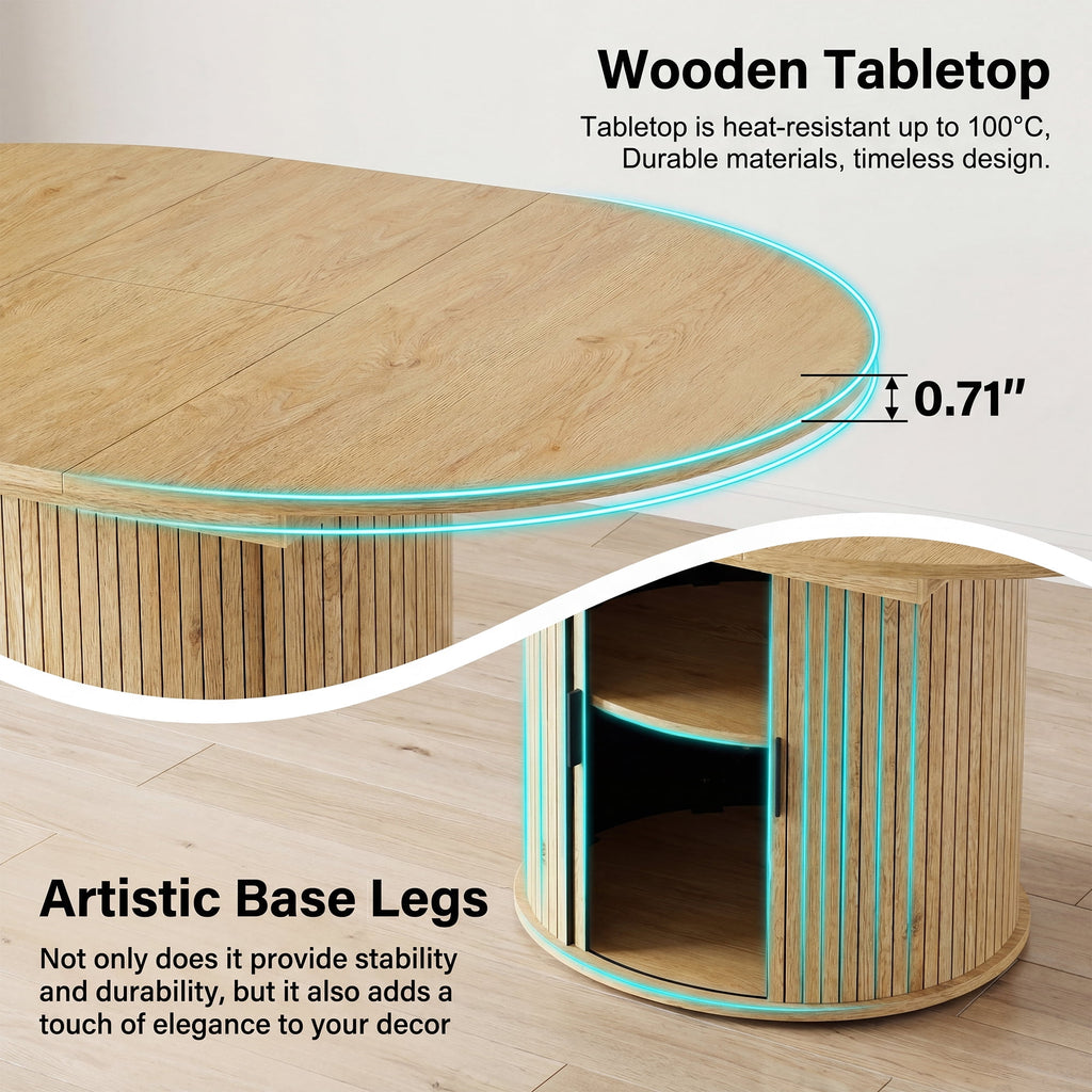 EOP 47″- 63″ Extendable Round Dining Table for 4-6, Wooden Kitchen Table with Hidden Storage and Fluted Sliding Door Cabinet, Modern Space-Saving Table for Dining Room Kitchen, Natural Wood