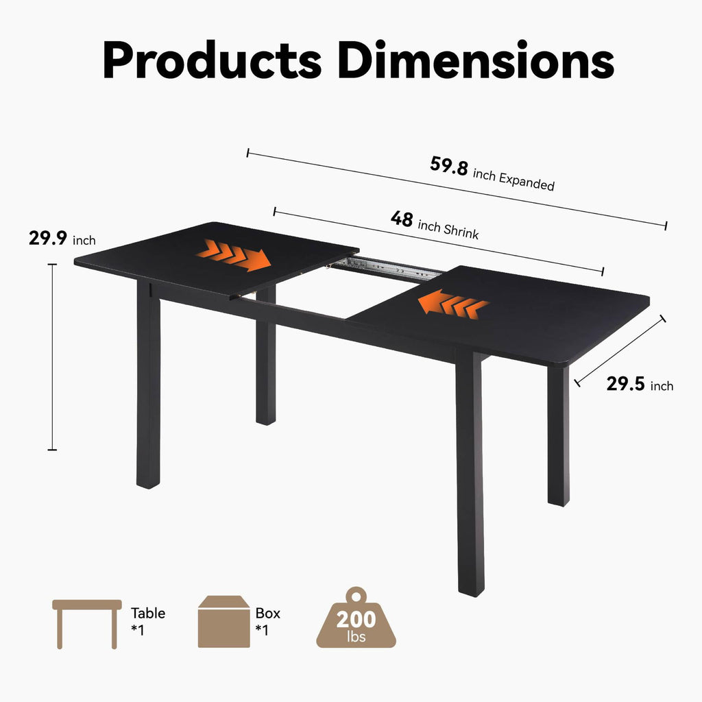 Lisonu 59 Extendable Dining Table, Modern Black Wooden Kitchen Table for 4-8 People, Space-Saving Expandable Table for Dining Room, Home Office & Small Living Spaces