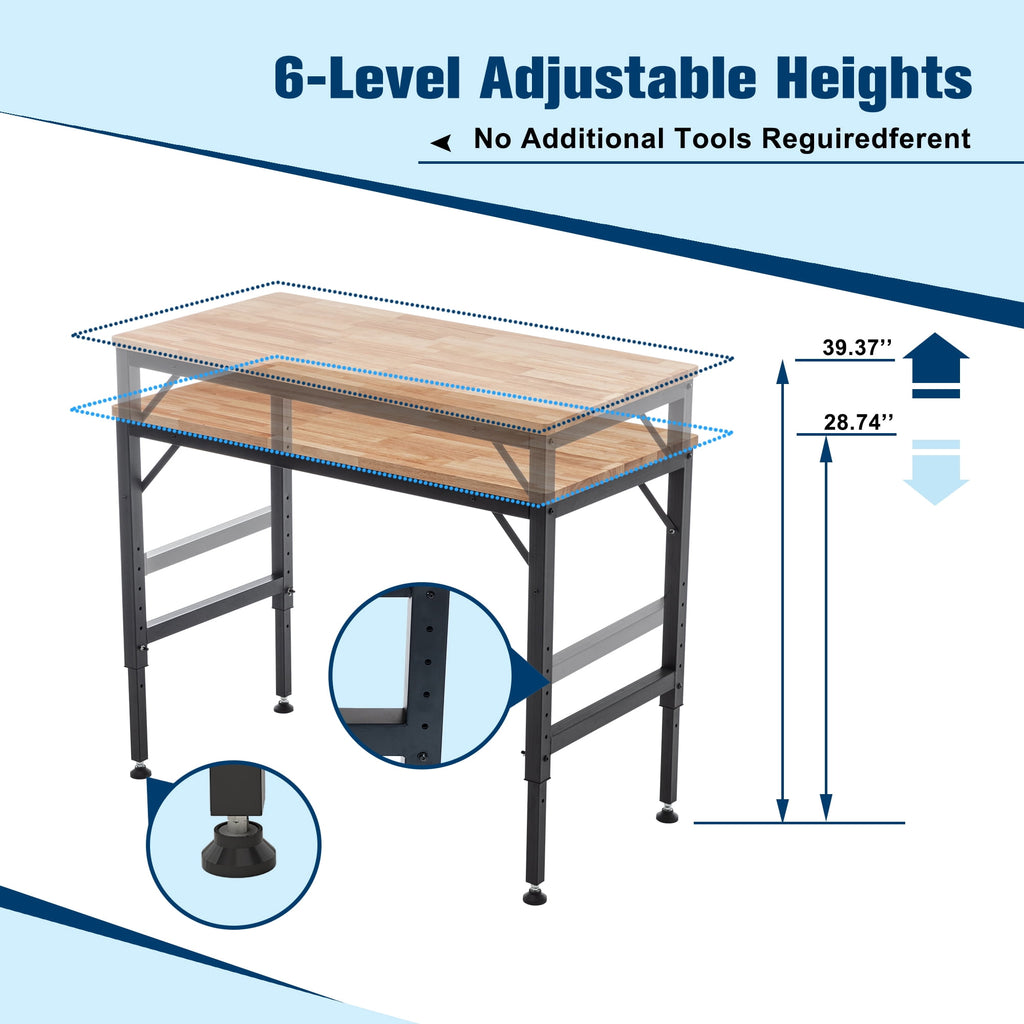 Black Metal & Wood 48 in Heavy-Duty Adjustable Workbench for Garage - 2000+ Lbs Capacity