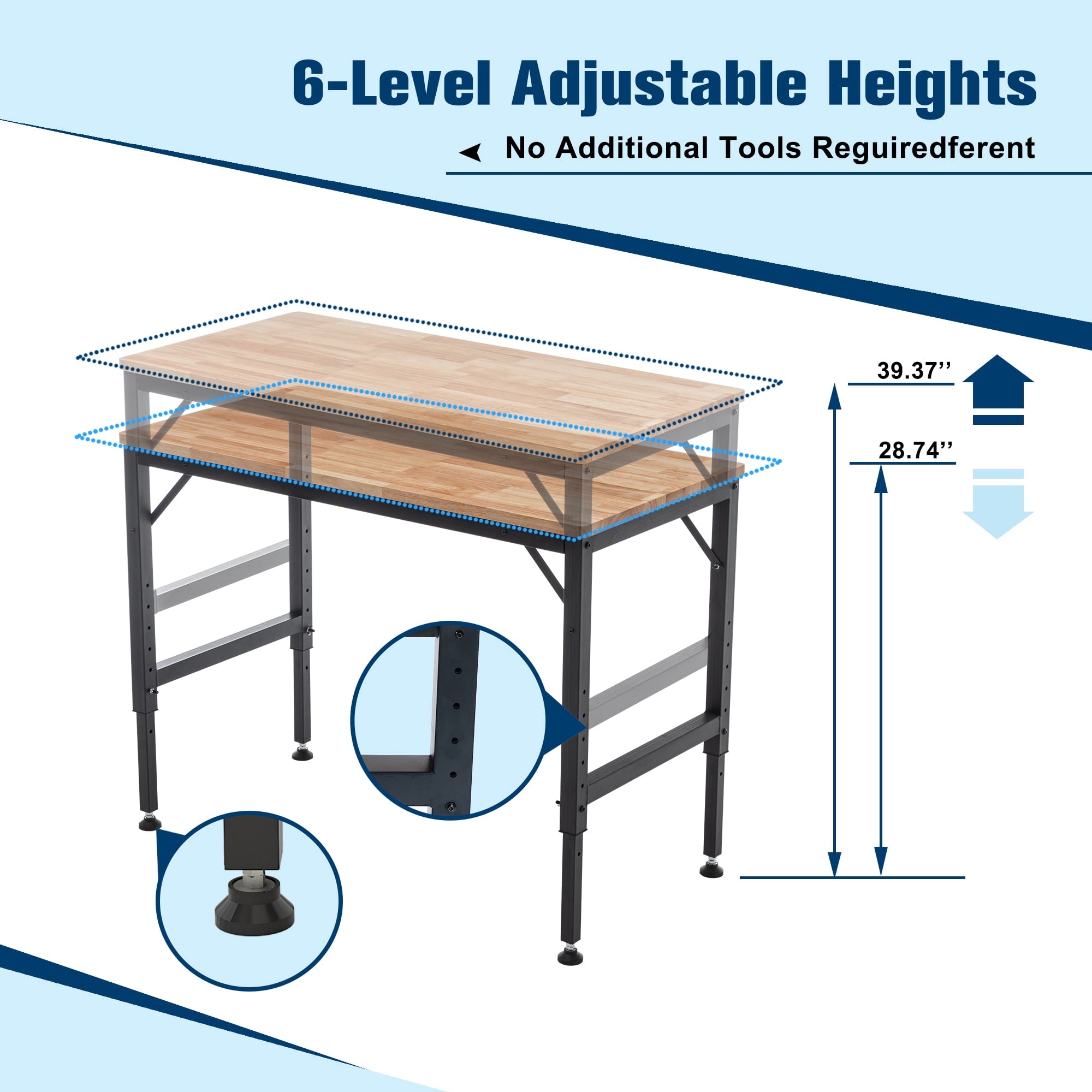 Black Metal & Wood 48 in Heavy-Duty Adjustable Workbench for Garage - 2000+ Lbs Capacity