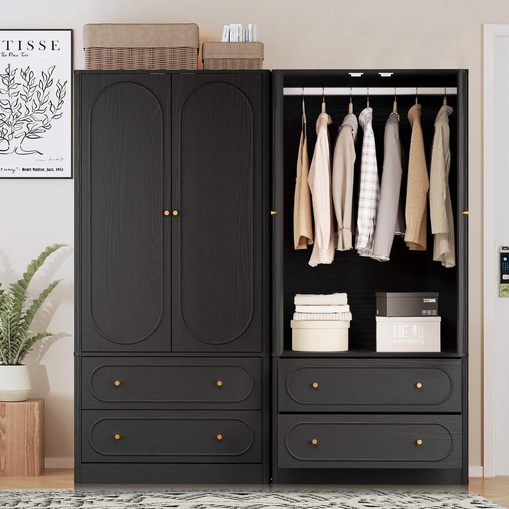 Wirrytor Freestanding Wooden Armoire Wardrobe with 2 Woven Doors and Storage Drawers, Space-Saving Closet Cabinet for Bedroom, Sturdy Mdf Board Closet with Hanging Rail