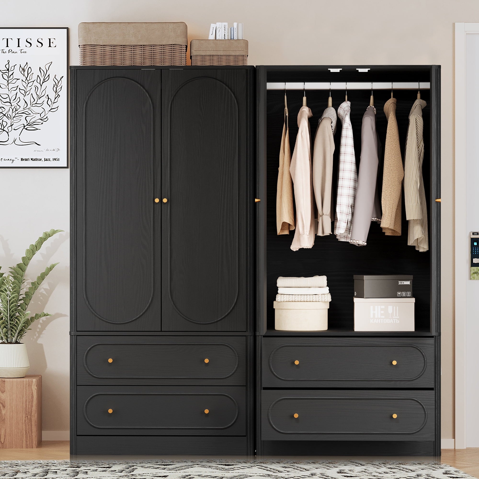 Wirrytor Freestanding Wooden Armoire Wardrobe with 2 Woven Doors and Storage Drawers, Space-Saving Closet Cabinet for Bedroom, Sturdy Mdf Board Closet with Hanging Rail