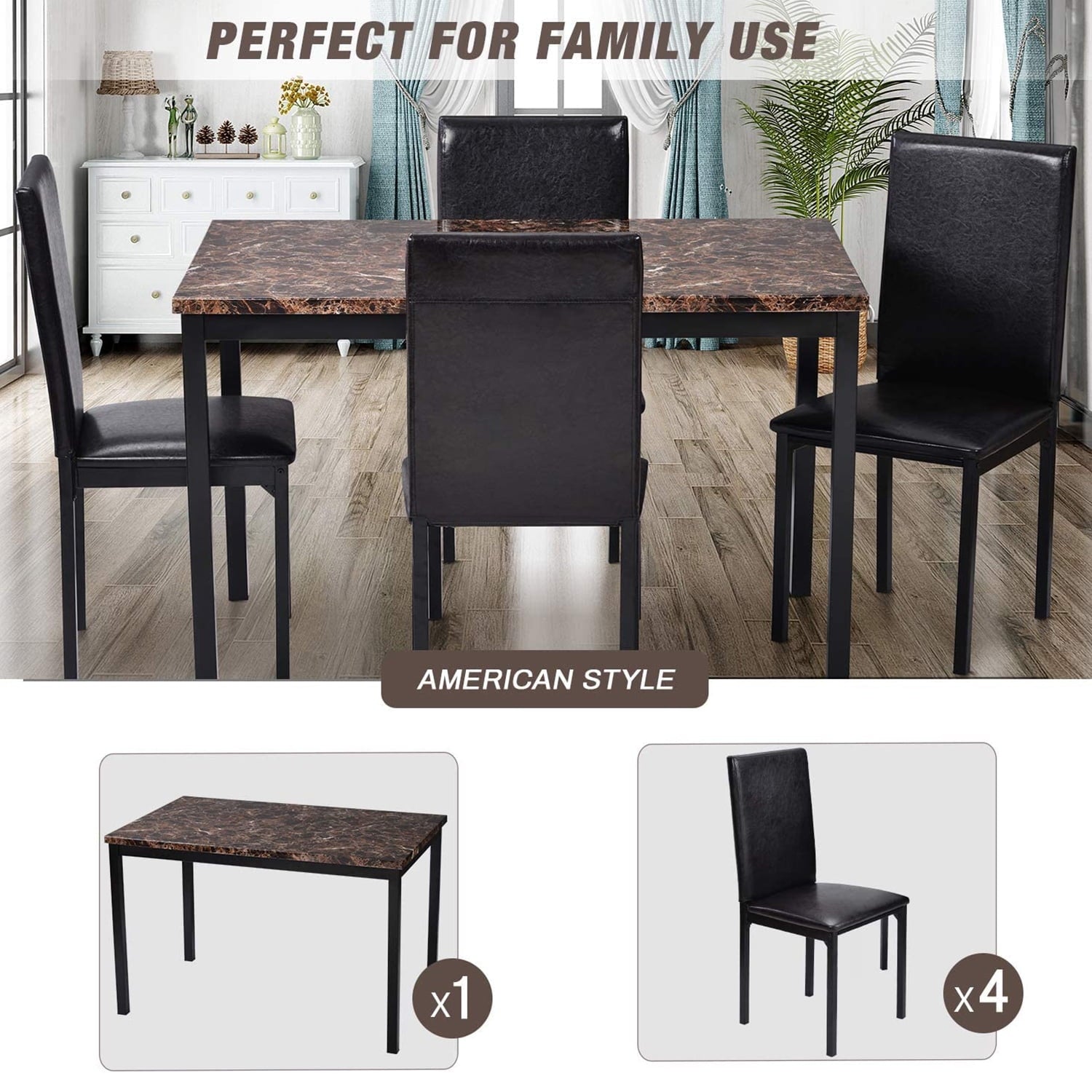 UHOMEPRO Dining Table Set for 4, 5 Piece Dining Room Table Set with Gray Velvet Upholstered Chairs, White Faux Marble Pattern Rectangle Kitchen Table Set for Breakfast Nook Small Space