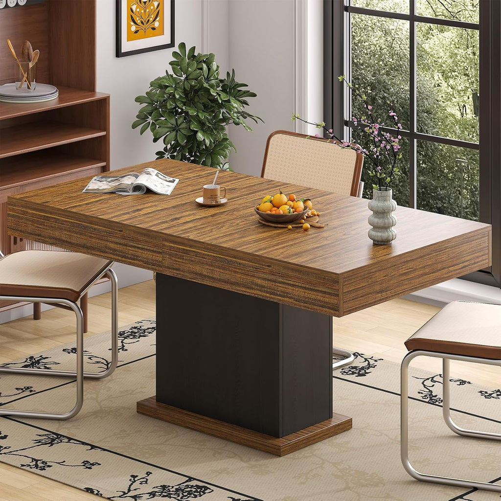 HAUXITIO 55 Inch Dining Table with LED Lights & 2 Drawers,Wooden Pedestal Base Table for 4-6 People,for Kitchen & Dining Room,White& Rustic Brown