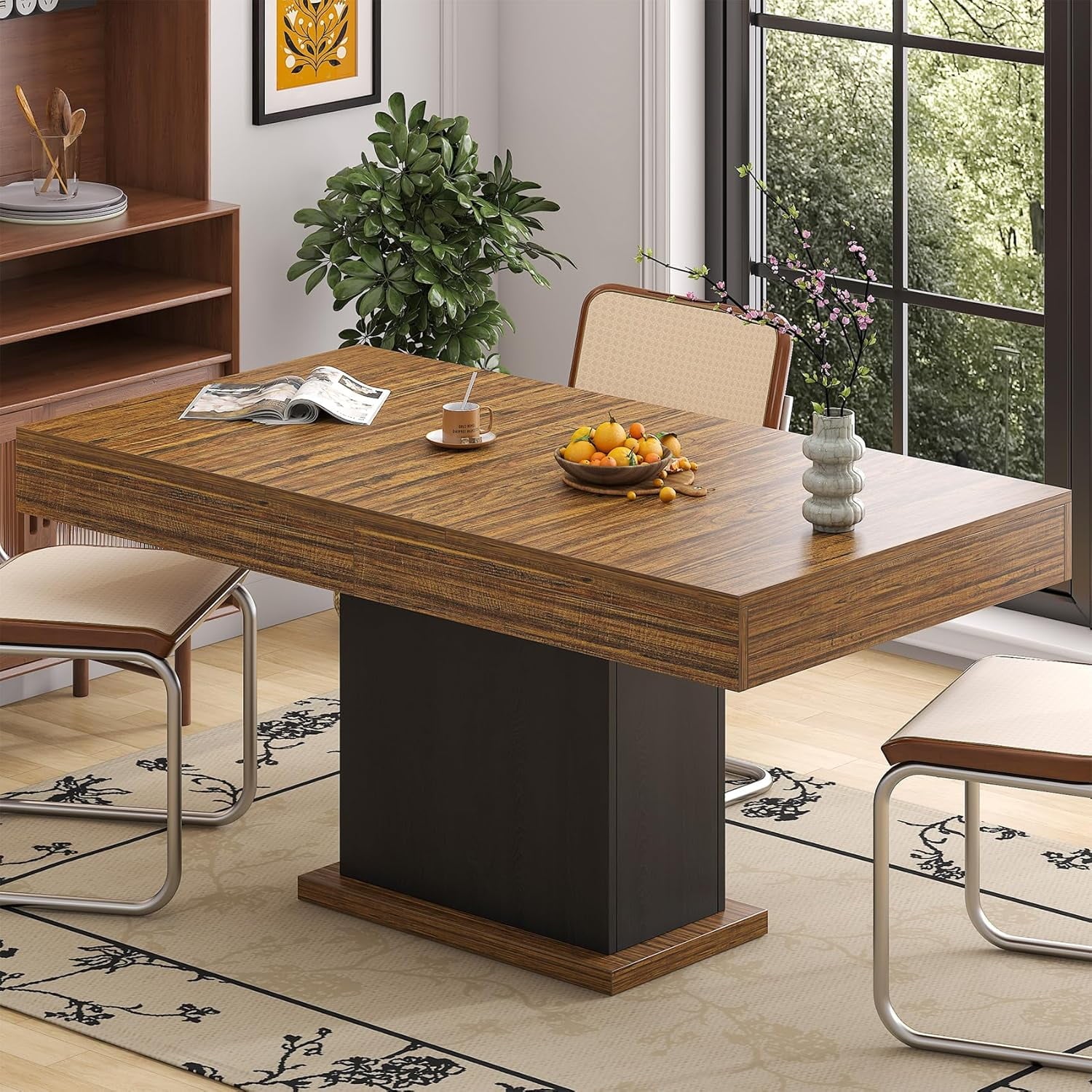 HAUXITIO 55 Inch Dining Table with LED Lights & 2 Drawers,Wooden Pedestal Base Table for 4-6 People,for Kitchen & Dining Room,White& Rustic Brown