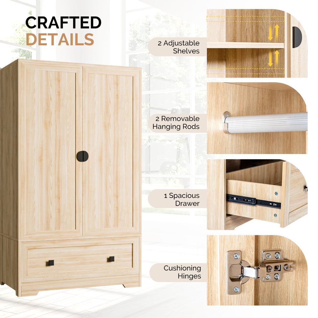 Ktaxon Wardrobe Armoire Closet with Hanging Rod, Modern Drawer & Shelf – Elegant White Finish Closet, Farmhouse to Mid-Century Style