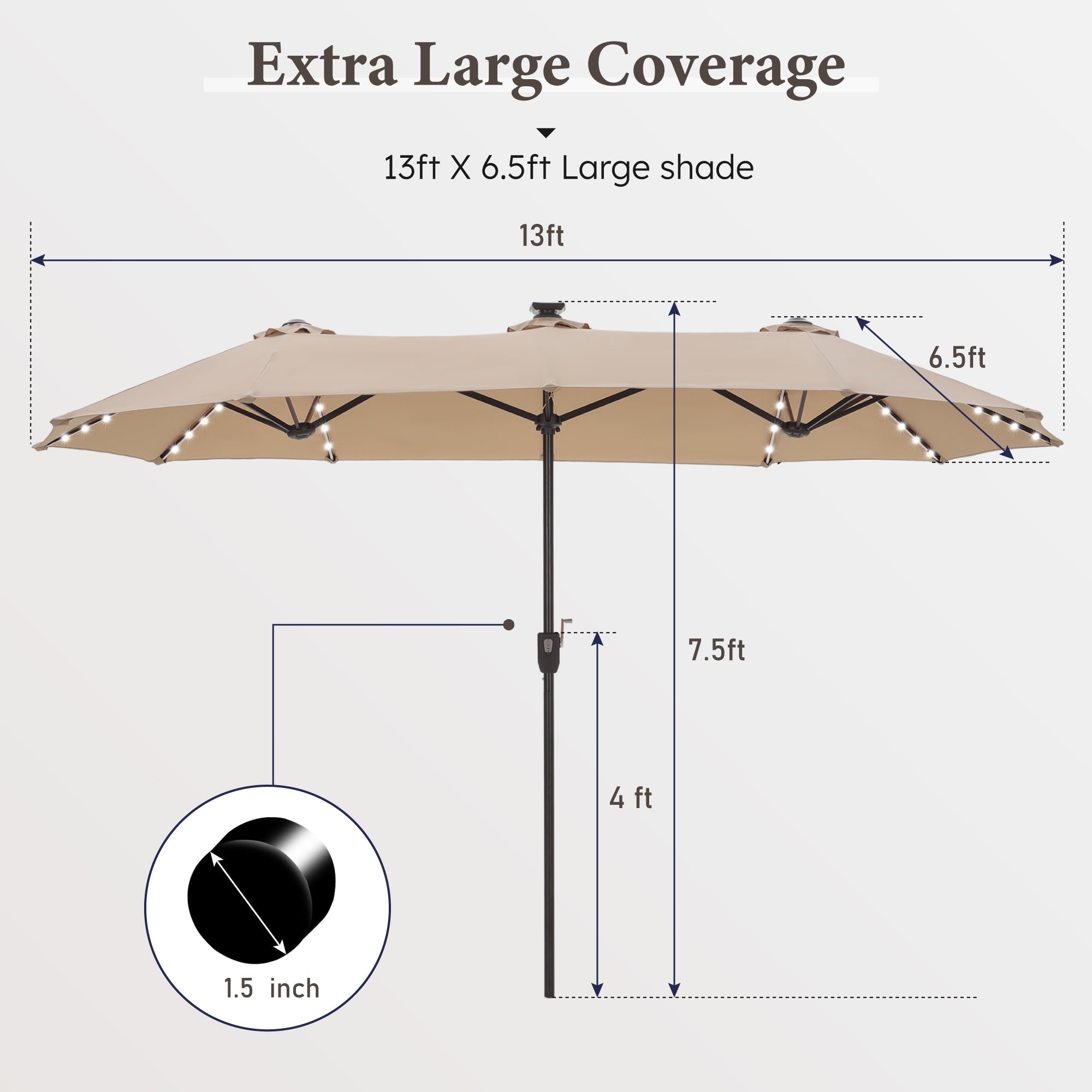 SUMMIT LIVING 13ft Large Patio Umbrella with Multi-Color LED Solar Lights Double-Sided Rectangular Outdoor Table Umbrella – Beige