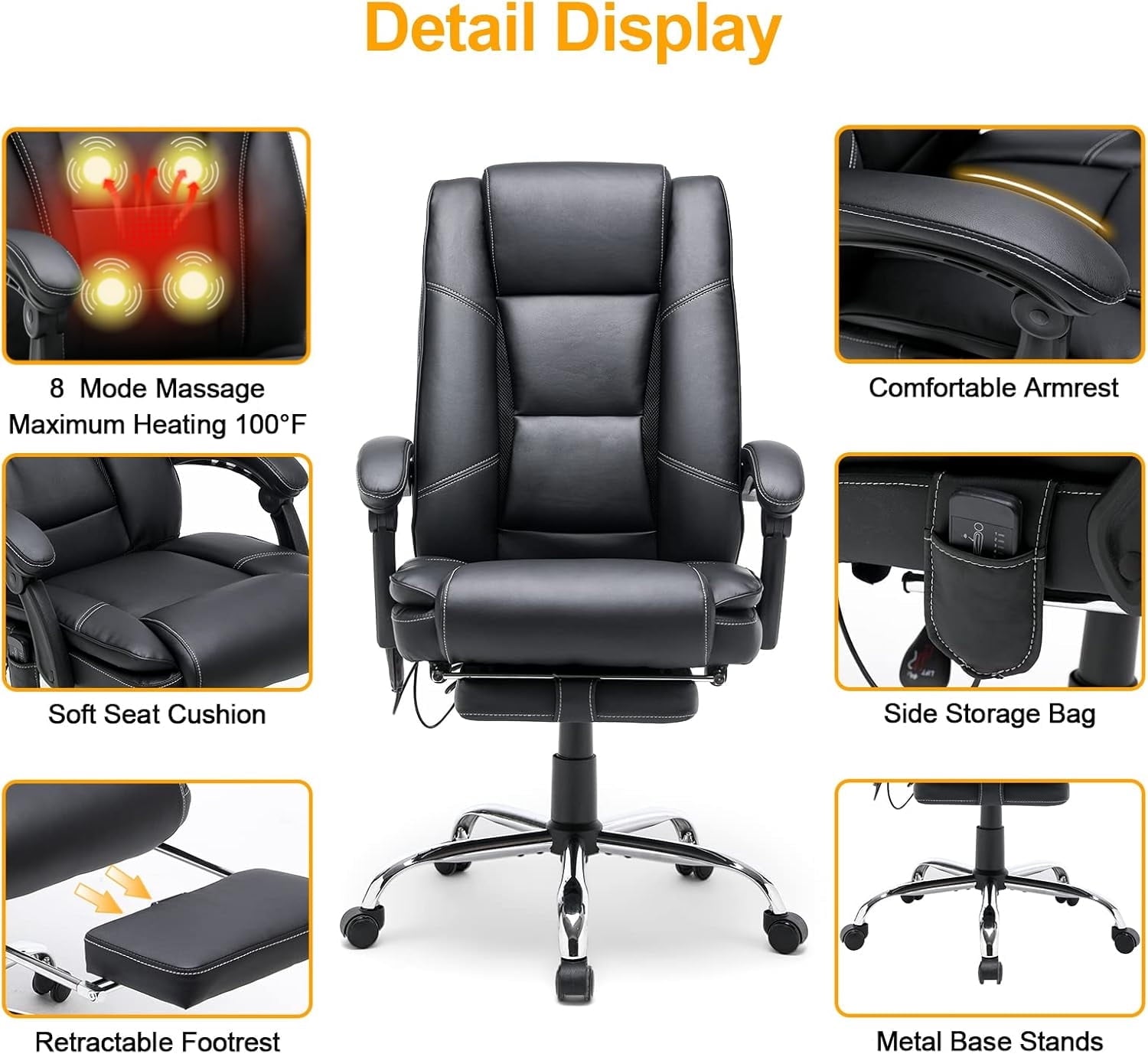 HOMREST Ergonomic Office Chair with 6-Point Massage & Heating, Adjustable Executive Desk Chair with Retractable Footrest, PU Leather Home Office Desk Chair for Home & Office (Black)