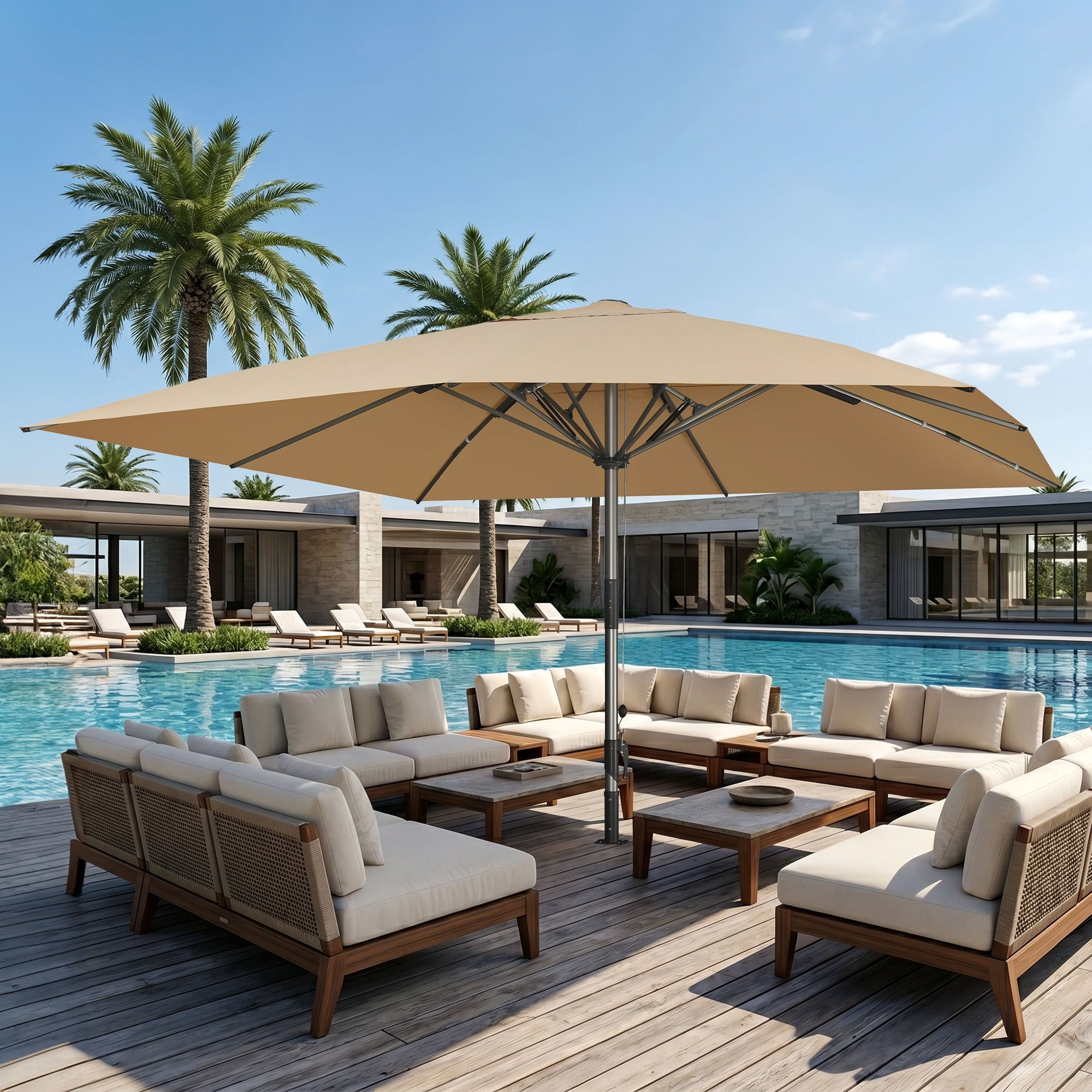 PURPLE LEAF OUTDOOR 16 x 16 FT Extra Large Rectangle Patio Market Table Sun Umbrella Heavy-Duty with Semi-Auto Open Maximum Coverage for Restaurant Hotel Resort Cafe Poolside Beige