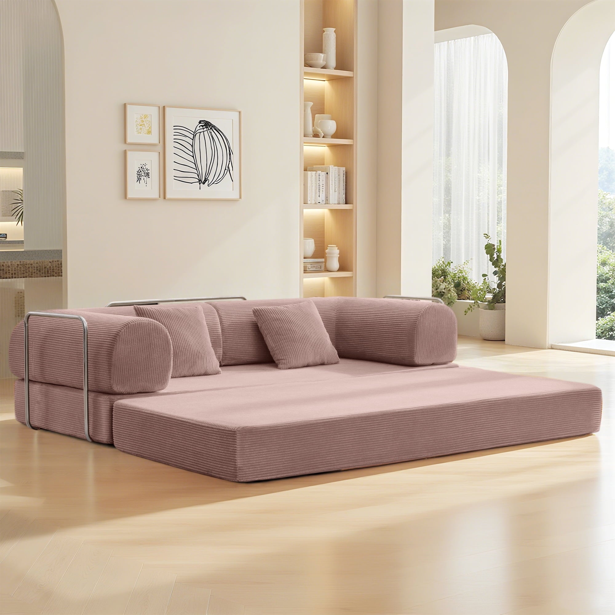 COOLHUT 63 W Combination Sofa, High Rebound Density Foam Sofa Couch, Two Forms Floor Couch Three Seats Sofa Bed for Living Room, Bedroom, Green