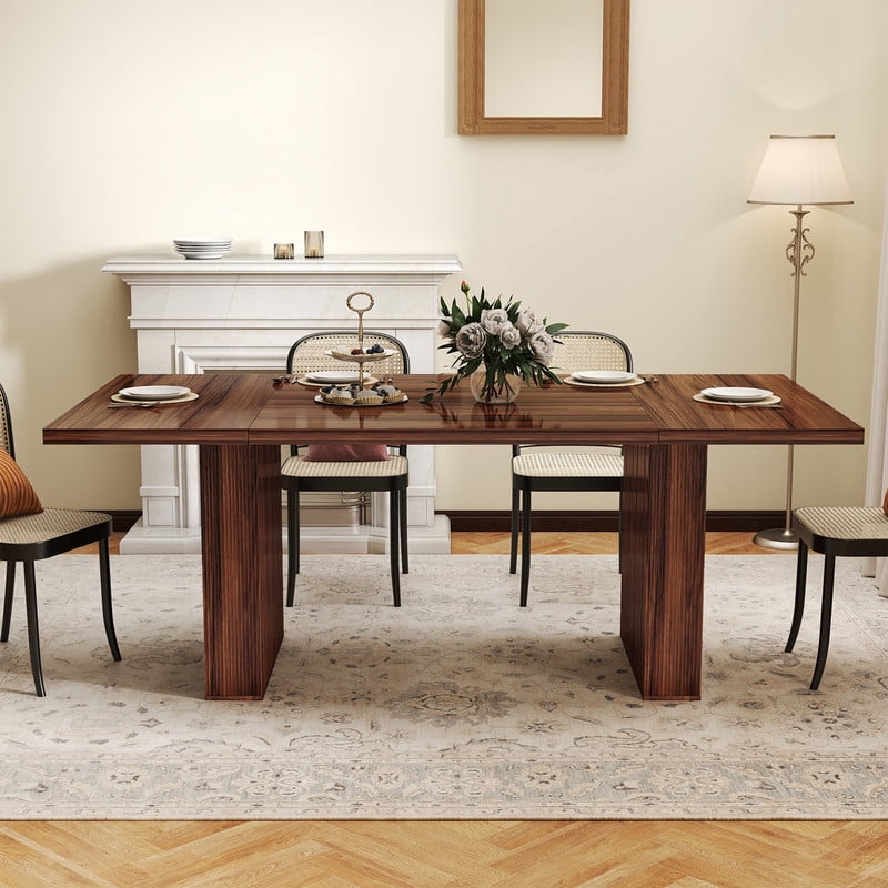 Hawsaiy 78 Rectangular Farmhouse Dining Table for 6–8, Large Kitchen Table with Grooved Wood Base, Thick Waterproof Top for Dining Room, Walnut
