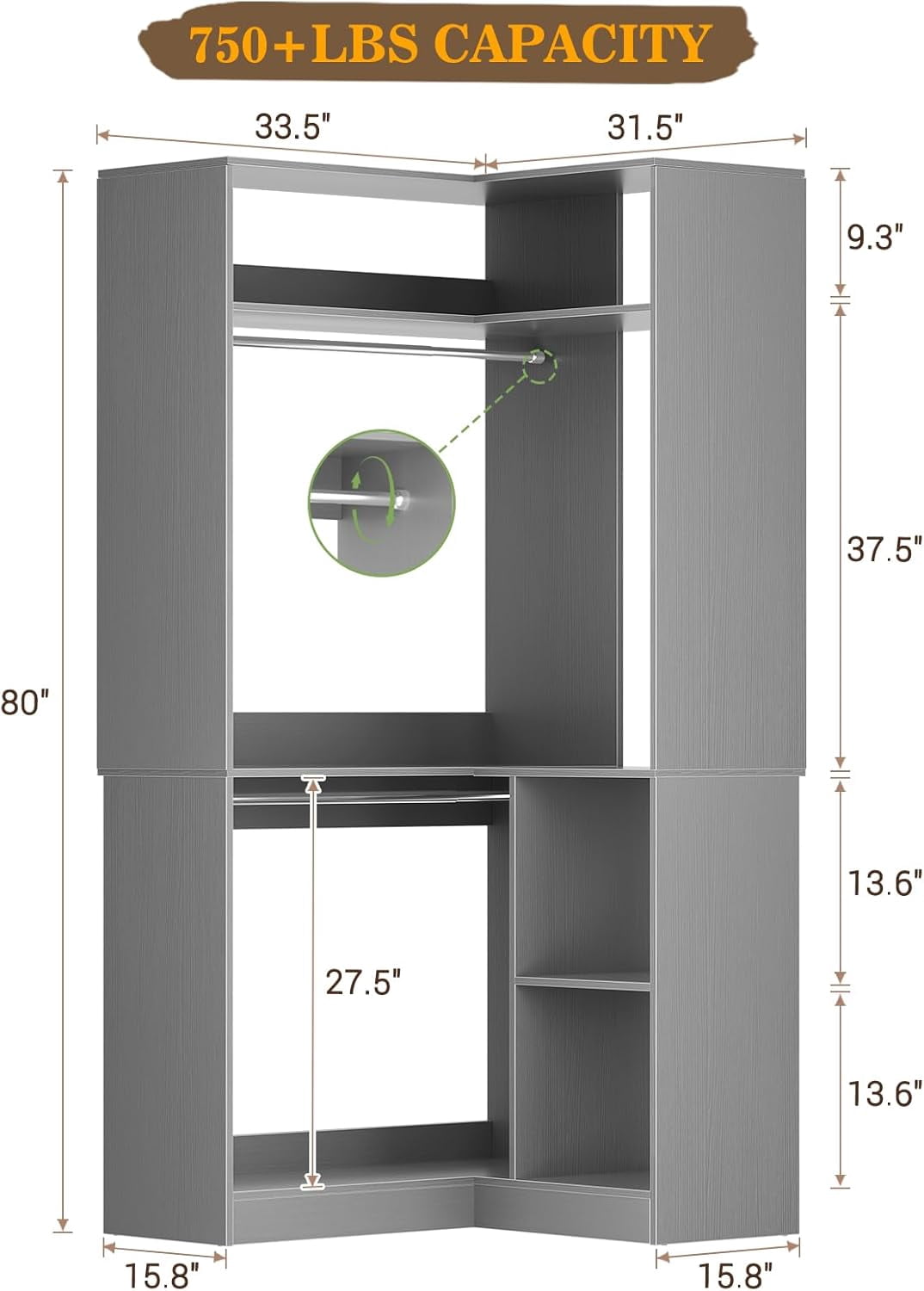 Homieasy 34 W Corner Closet System with Hanging Rods, White