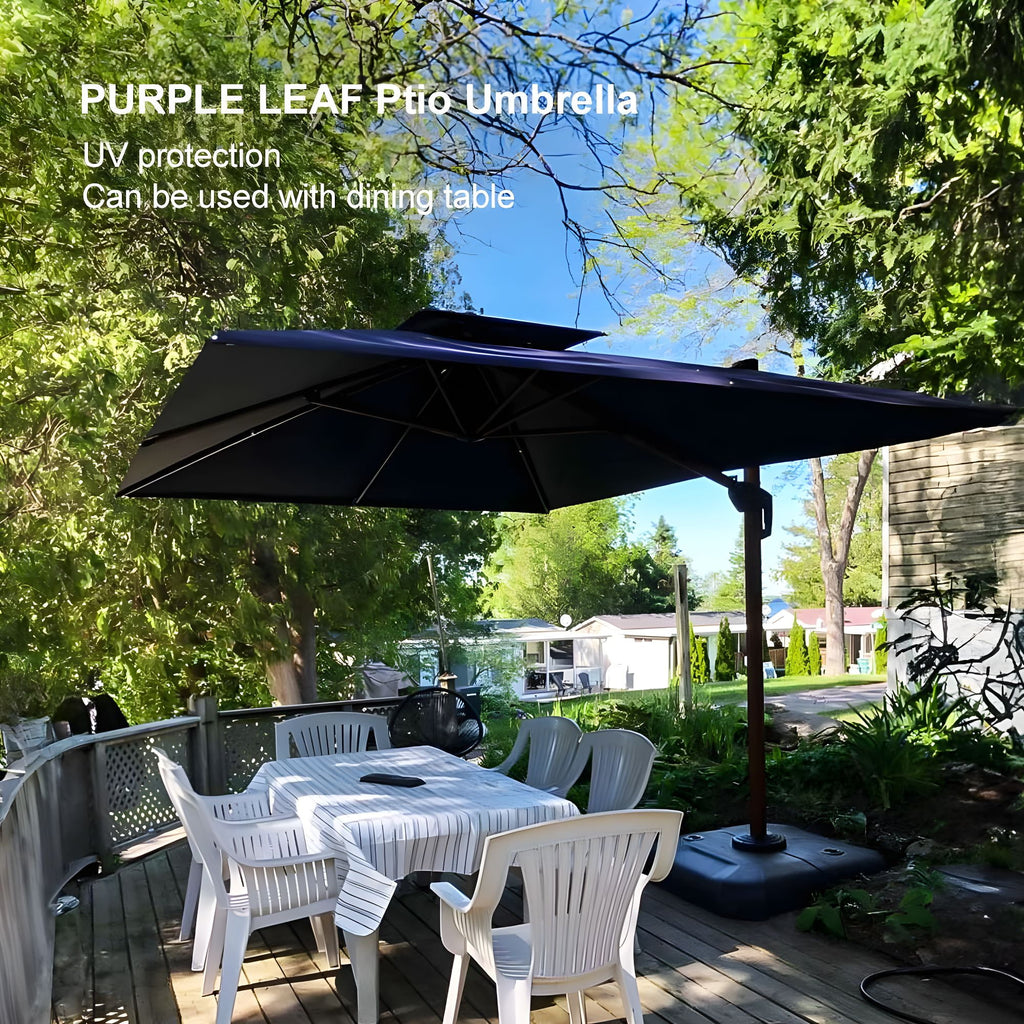 PURPLE LEAF 10FT Deluxe Square Wood Grain Patio Umbrella, Large Offset Cantilever Umbrella with 360° Rotation, Beige