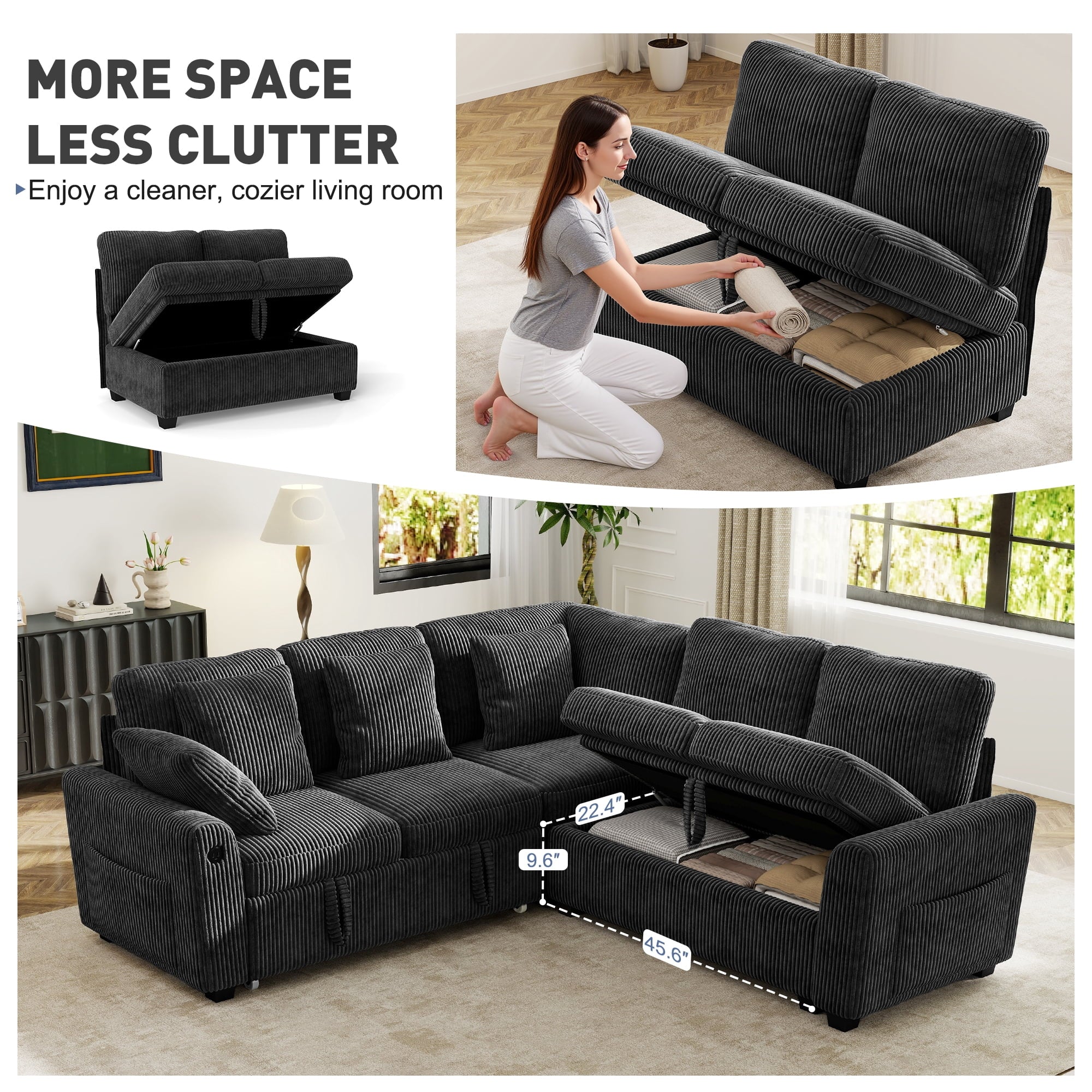BedLuxury 83 Sectional Sleeper Sofa With Pull Out Bed, Storage Seat & USB Charging, L Shape Modern Couch for Living Room, Corduroy Gray