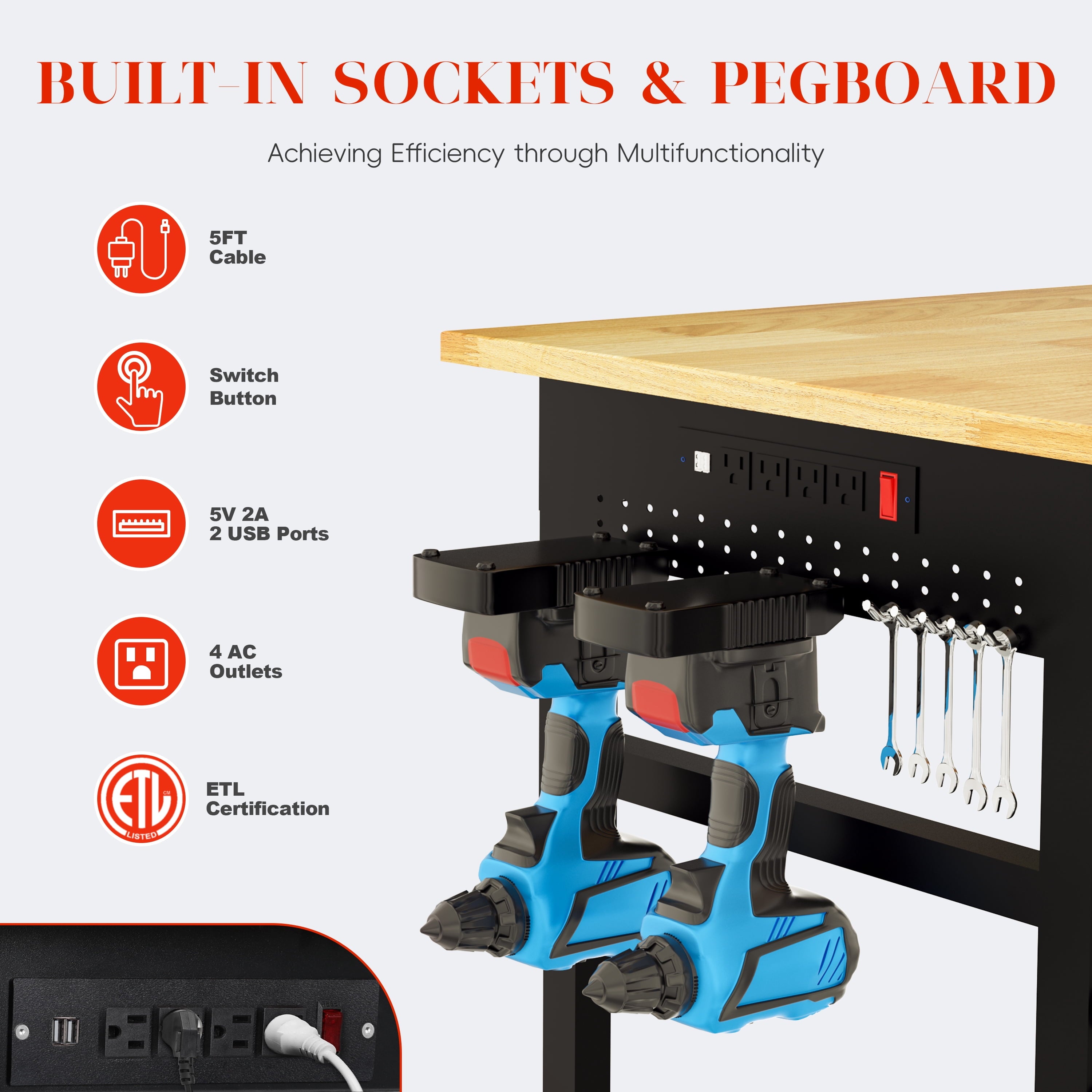 Joywind 60 Heavy-Duty Adjustable Workbench with Locking Wheels, Power Strip & Pegboard – Rubber Wood Work Table for Garage, Workshop, Home Office