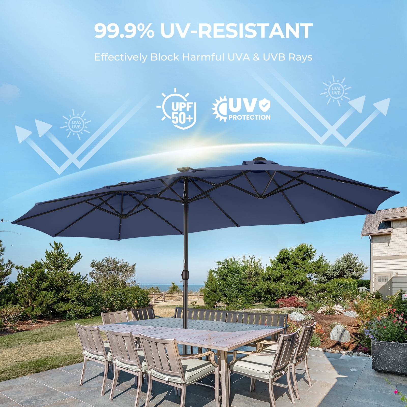 Patbrela 15ft Patio Umbrella with Light and Base, Double Sided  Large Rectangular Outdoor Umbrella with Crank Handle, for Garden, Yard, Poolside and Outdoor Activities, Gray