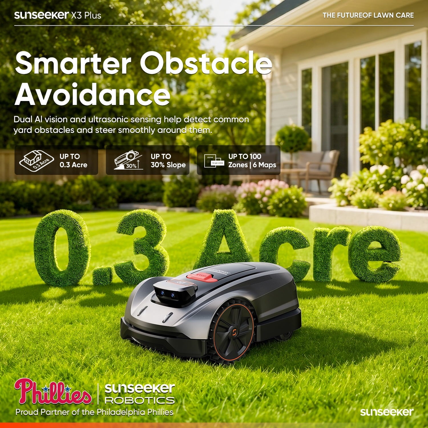 Sunseeker X3 Plus Robot Lawn Mower no Wire,0.3 Acre/13,000 Sq. Ft,Smart APP Control, AI & RTK Navigation, 6 Muti-Zone, Path Planning, for Small/Medium Yards