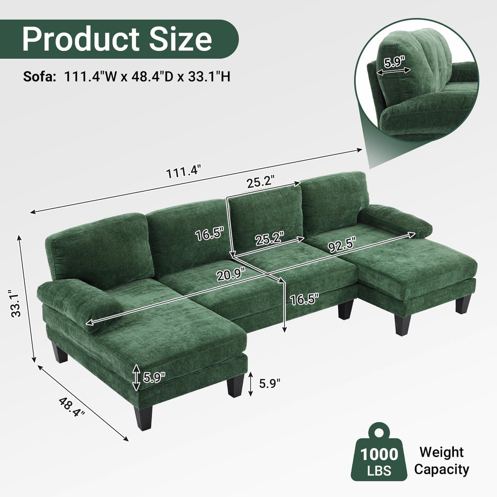 Ktaxon U-Shaped Sectional Sofa, 111  Chenille Couch, 4 Seat Lounge Sleeper with Double Chaise for Living Room Black