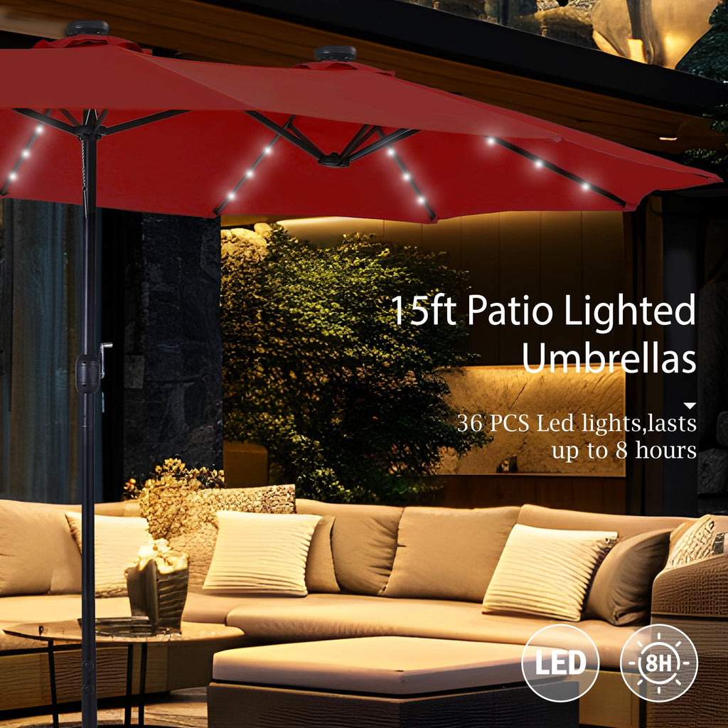 Alpha Joy 15ft Extra Large Outdoor Patio Double-Sided Umbrella with LED Solar Lights & Umbrella Base, Beige