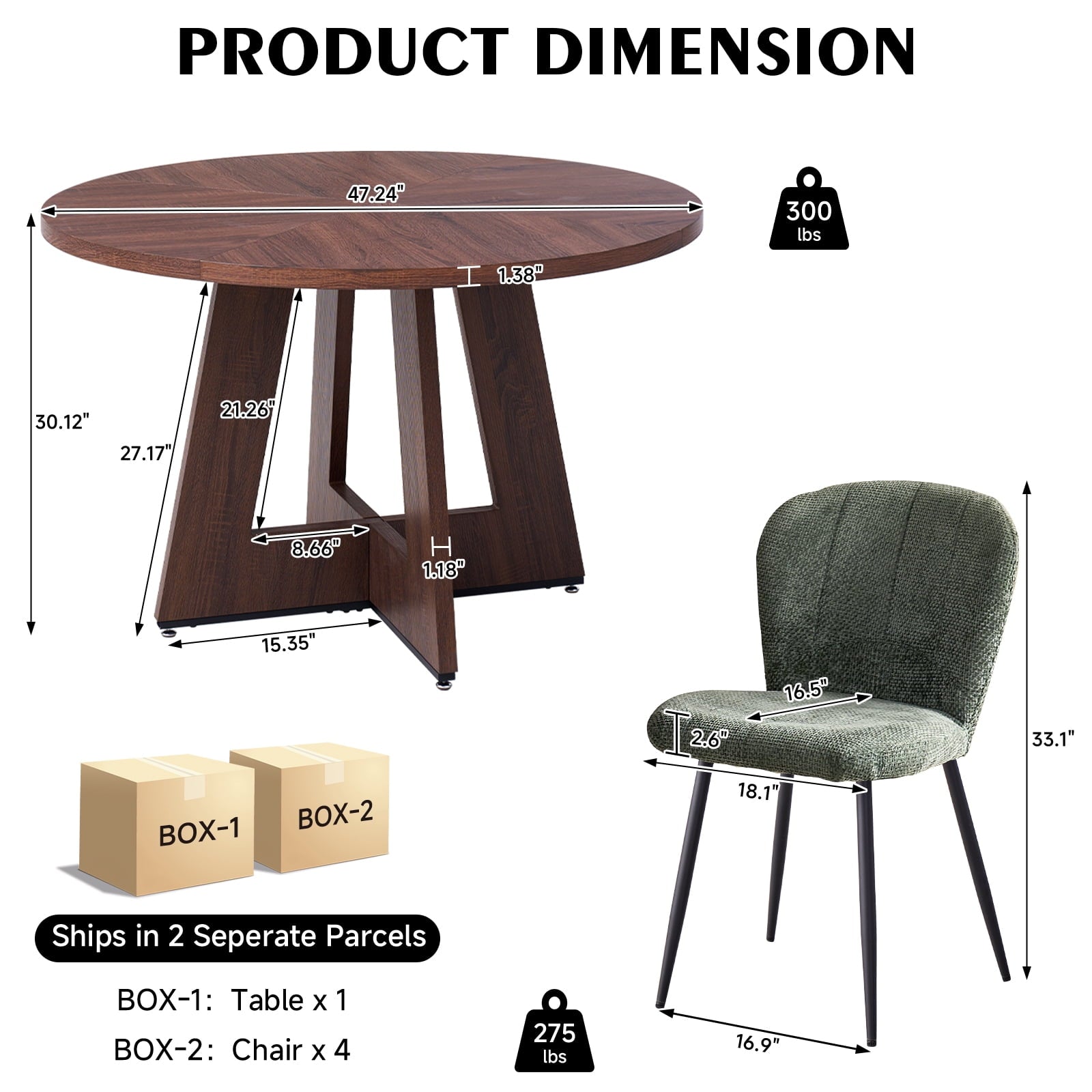 5 Piece 47'' Round Dining Table Chairs Set for 4, Farmhouse Oak Kitchen Table with 4 Boucle Mid Century Modern Dinning Room Chairs, Wood Dinner Table &Upholstered Chair Set of 4, Beige