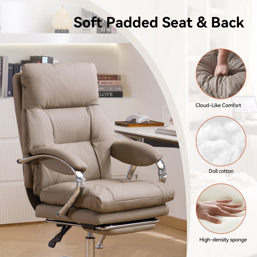LEAGOO Reclining Office Chair with Foot Rest, Executive Office Chairs with Arms, Ergonomic High Back PU Leather Comfy Swivel Computer Desk Chairs with Wheels and Lumbar Support for Home Office, White