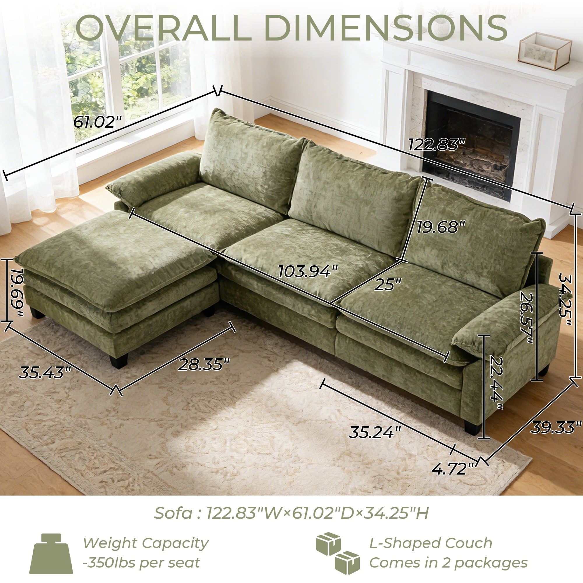 Ktaxon Sectional Sofa L Shaped Couch with Chaise Living Room Sleeper Set, 2 Seats with Chenille and Double Layer Cushions 86 W Beige