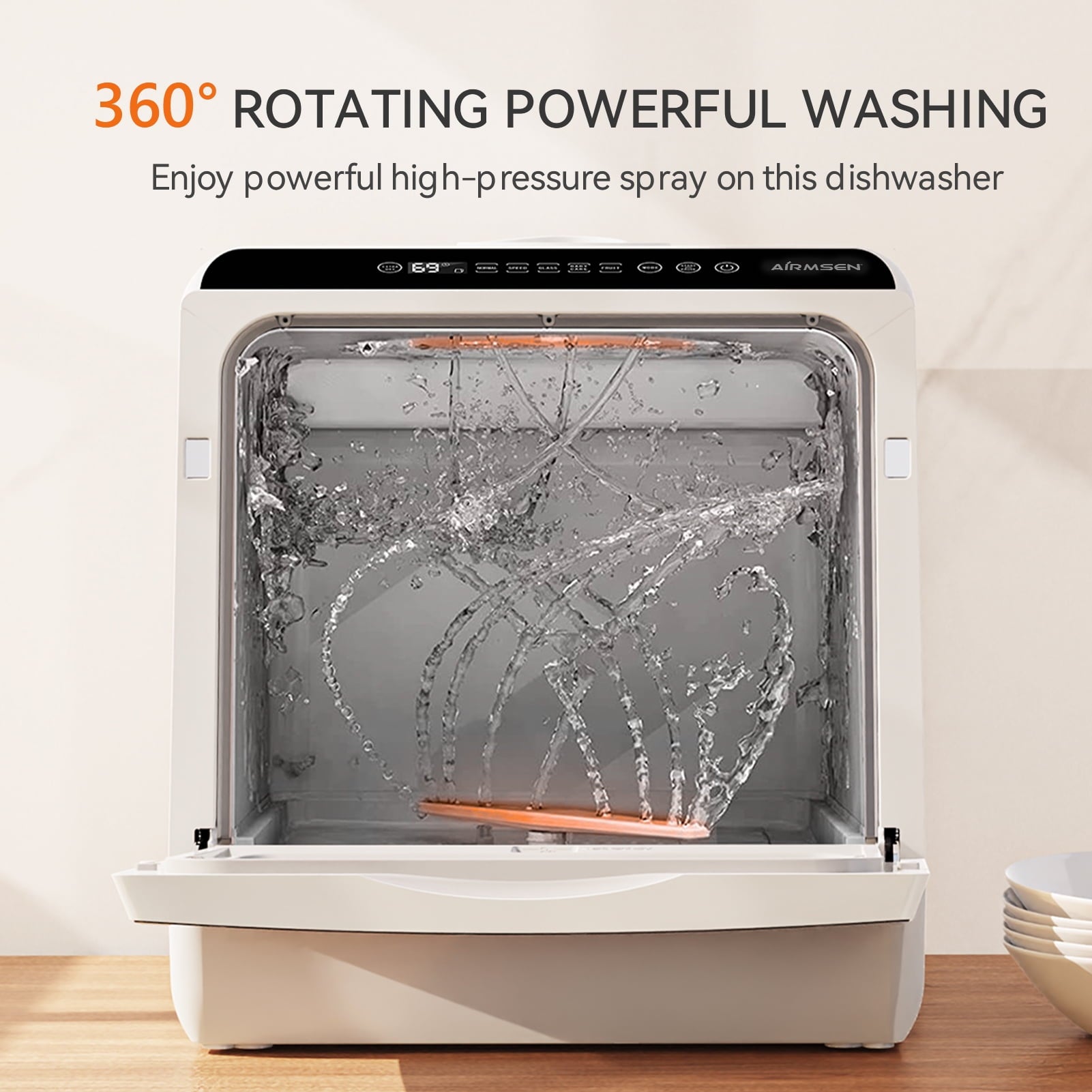 AIRMSEN Countertop Dishwasher with Salt Chamber, Portable Mini Dishwasher with 5L Built-in Water Tank, 18H Delay Start & ECO Mode, Ideal for Apartments & RVs, TDQR09