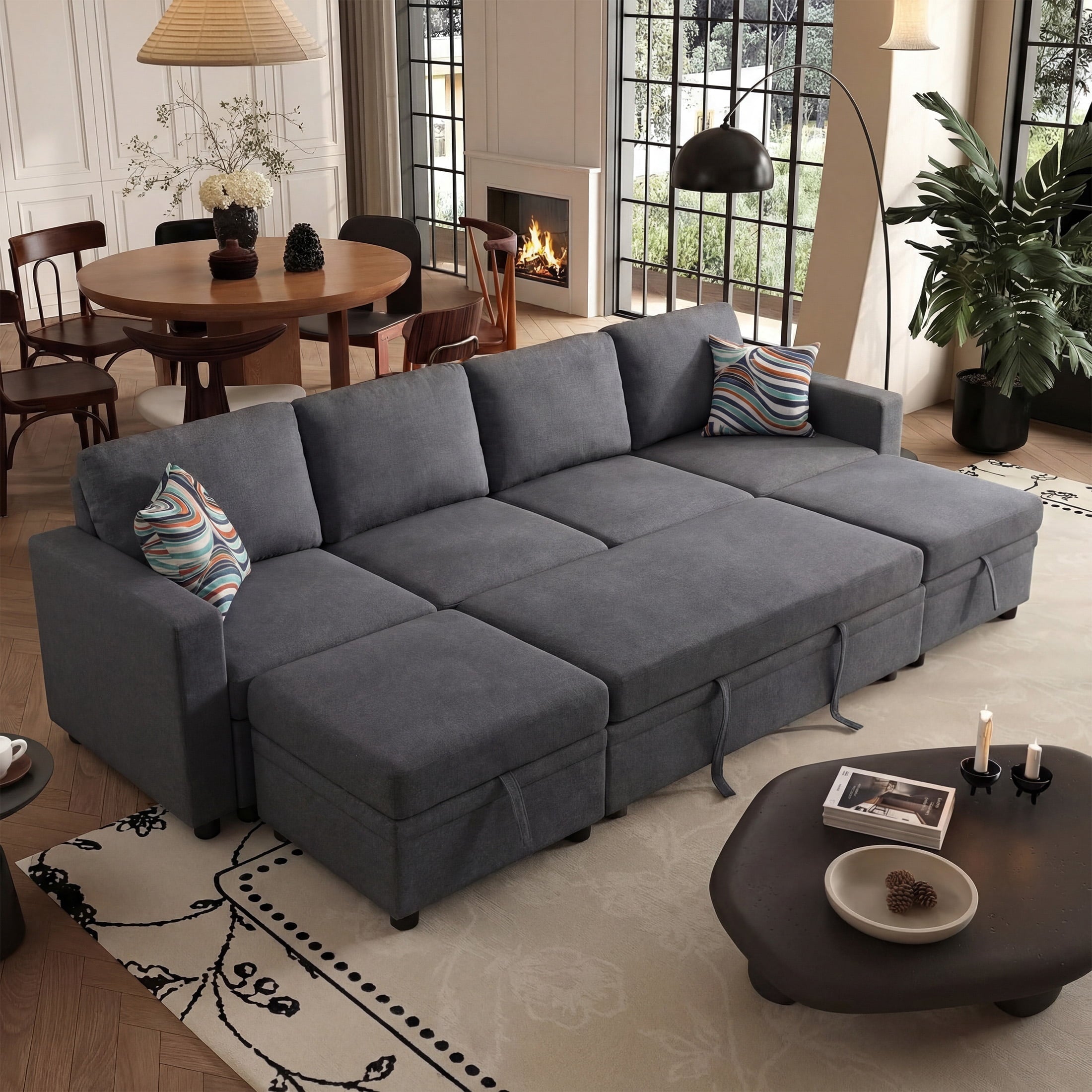AENKYO 102 U-Shaped Sectional Sofa Bed, Linen Pull Out Sleeper Couch with Storage Seats for Living Room，White
