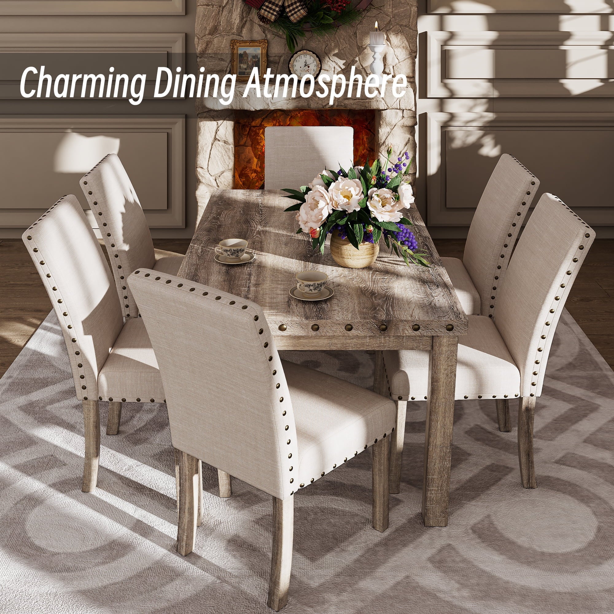 Farmhouse Dining Table Set for 6, Rectangular Wooden Table& 6 Upholstered Kitchen Chairs with Nailhead Accents for Dining Hub,Breakfast Nook