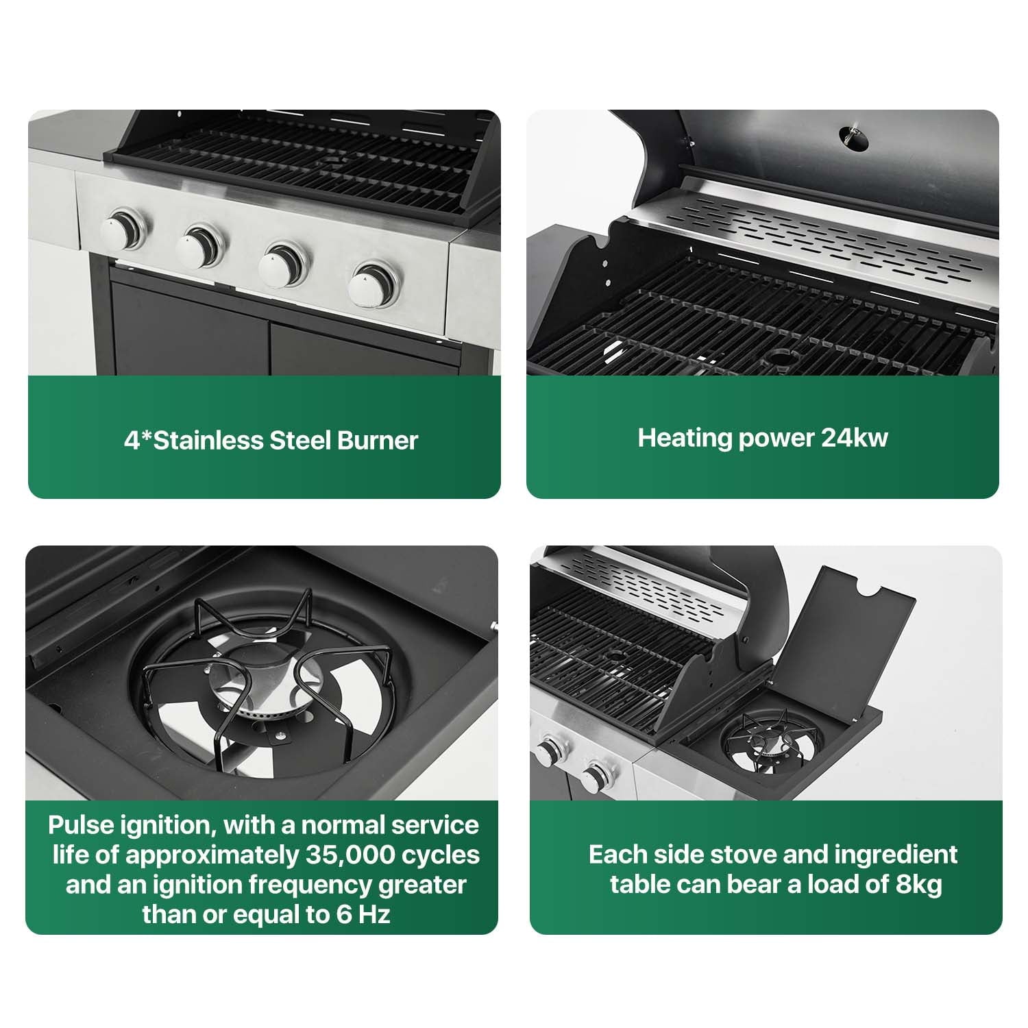 Clouddwell 4 Burner Gas Propane Grill, with 4 Casters, Side Table, and Thermometer, Patio Garden BBQ Grill Perfect for Camping, Black and Silver